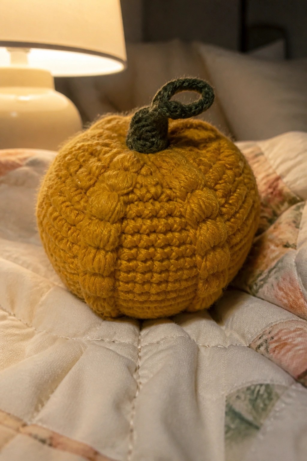 Crocheted yellow pumpkin with green stem on floral patchwork quilt near lamp.
