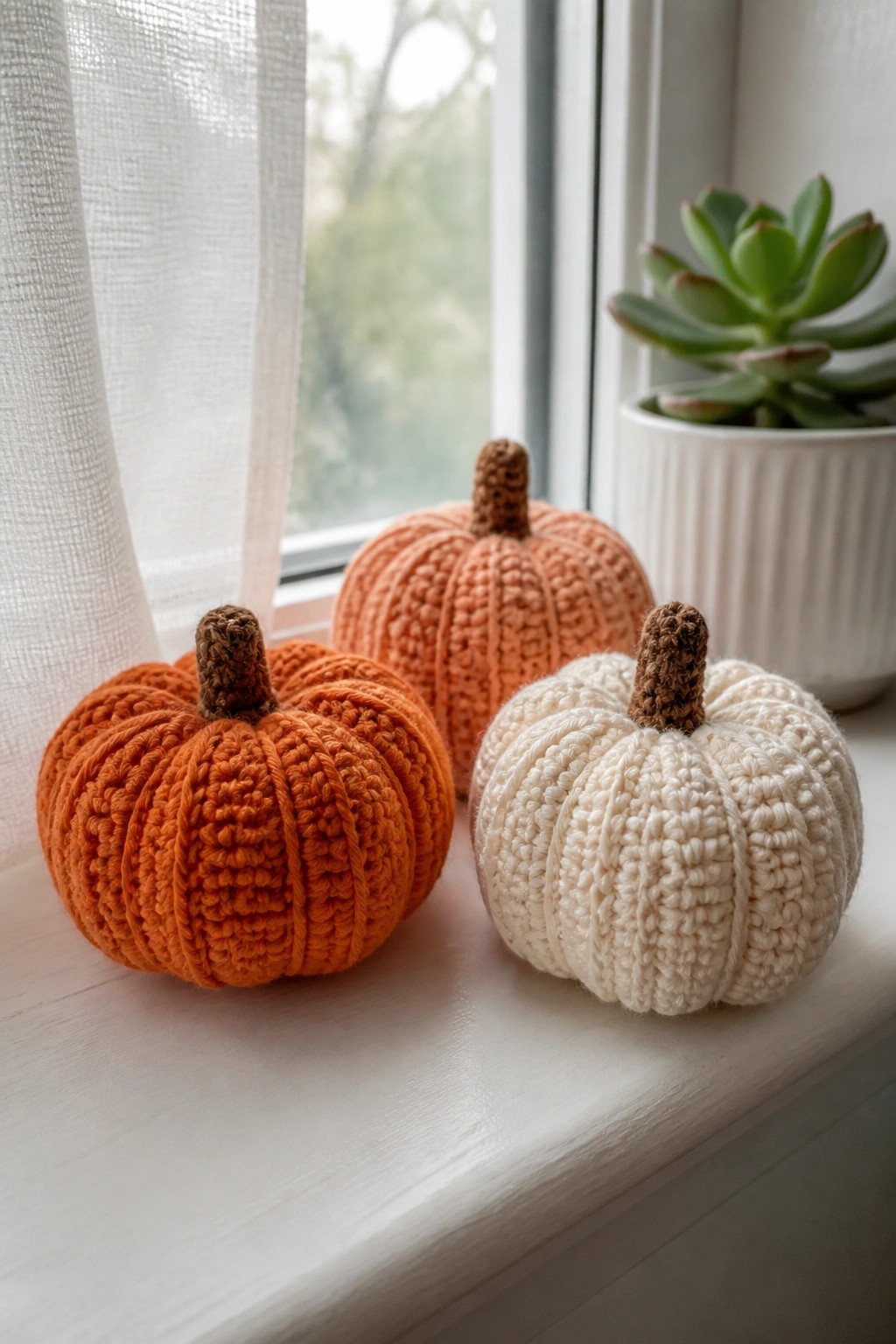 Three crocheted pumpkins in orange and white on a windowsill beside a succulent.