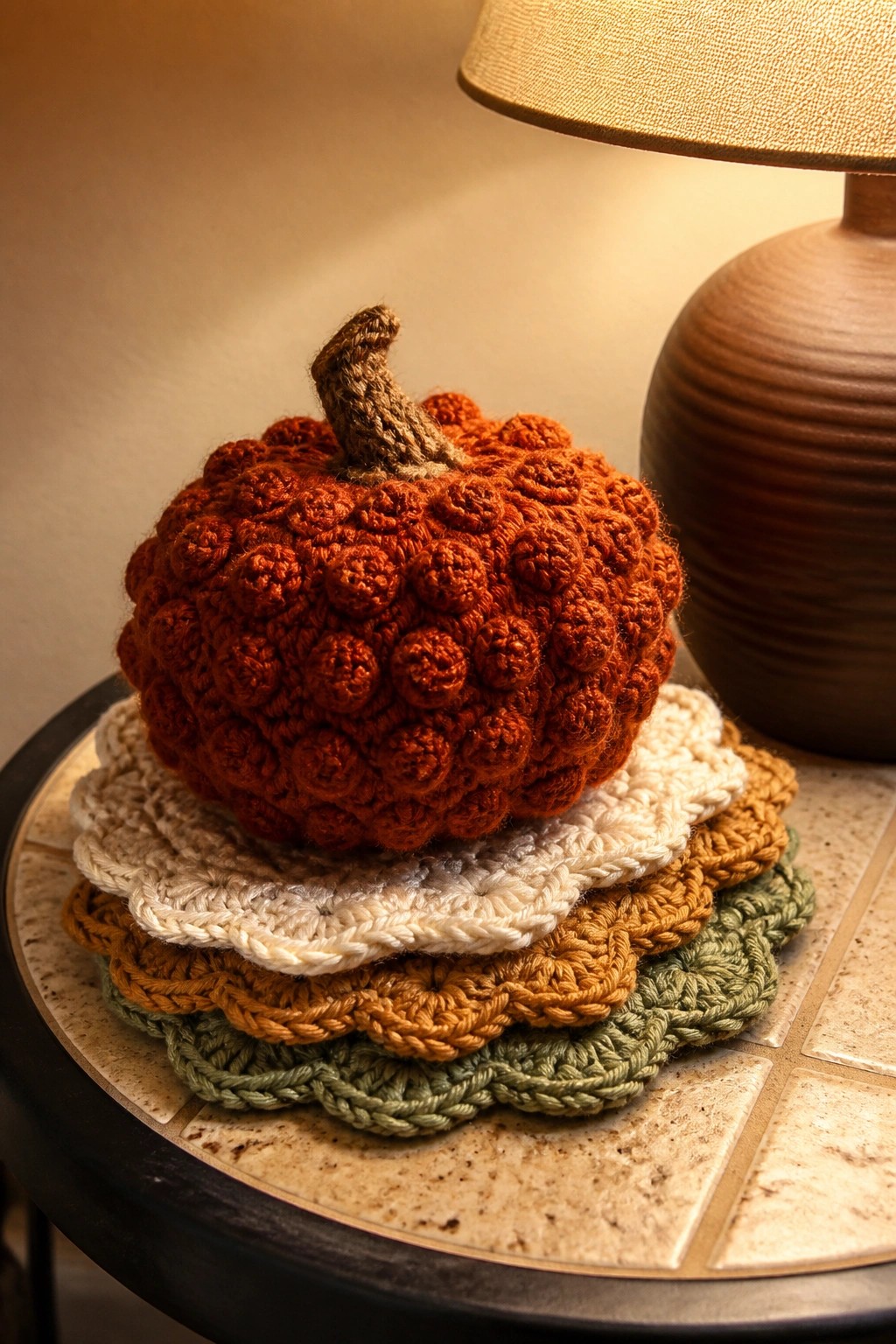 Crocheted orange pumpkin atop stacked autumn-colored coasters beside a lamp