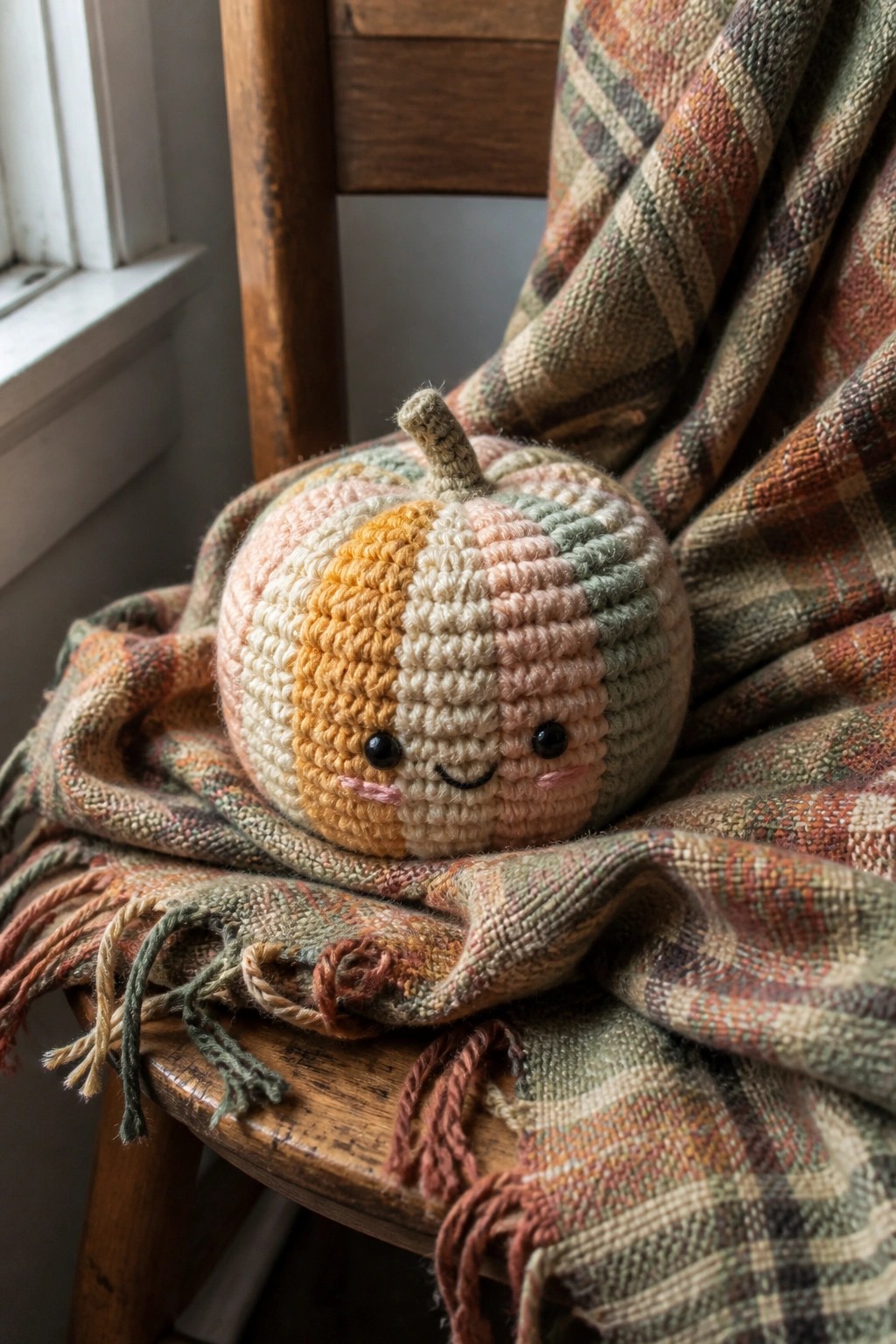 Cute crocheted pumpkin with embroidered face on plaid blanket over wooden chair.