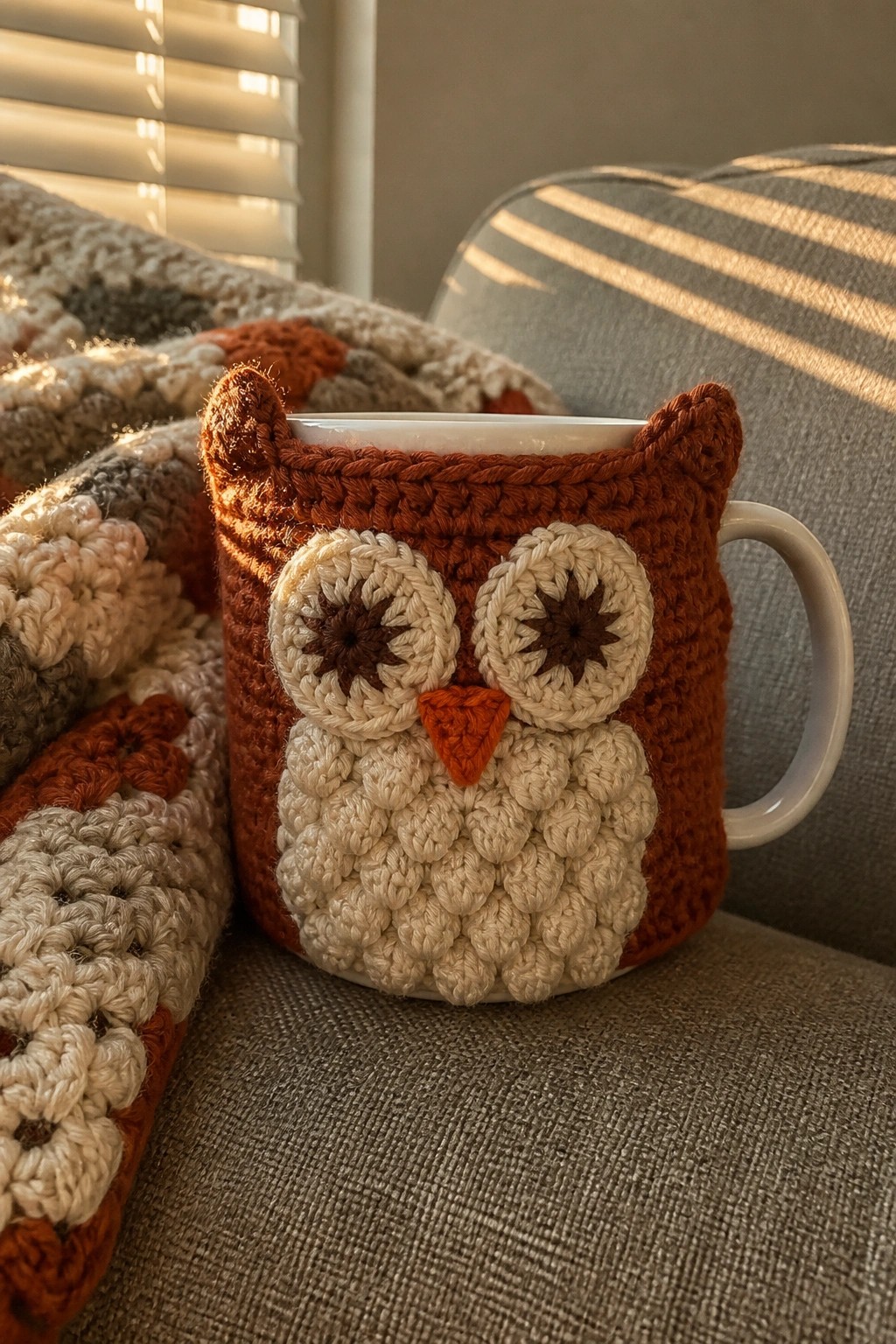 A crocheted owl mug cozy in orange and cream yarn covers a white mug with textured eyes, a beak, and ear shapes.