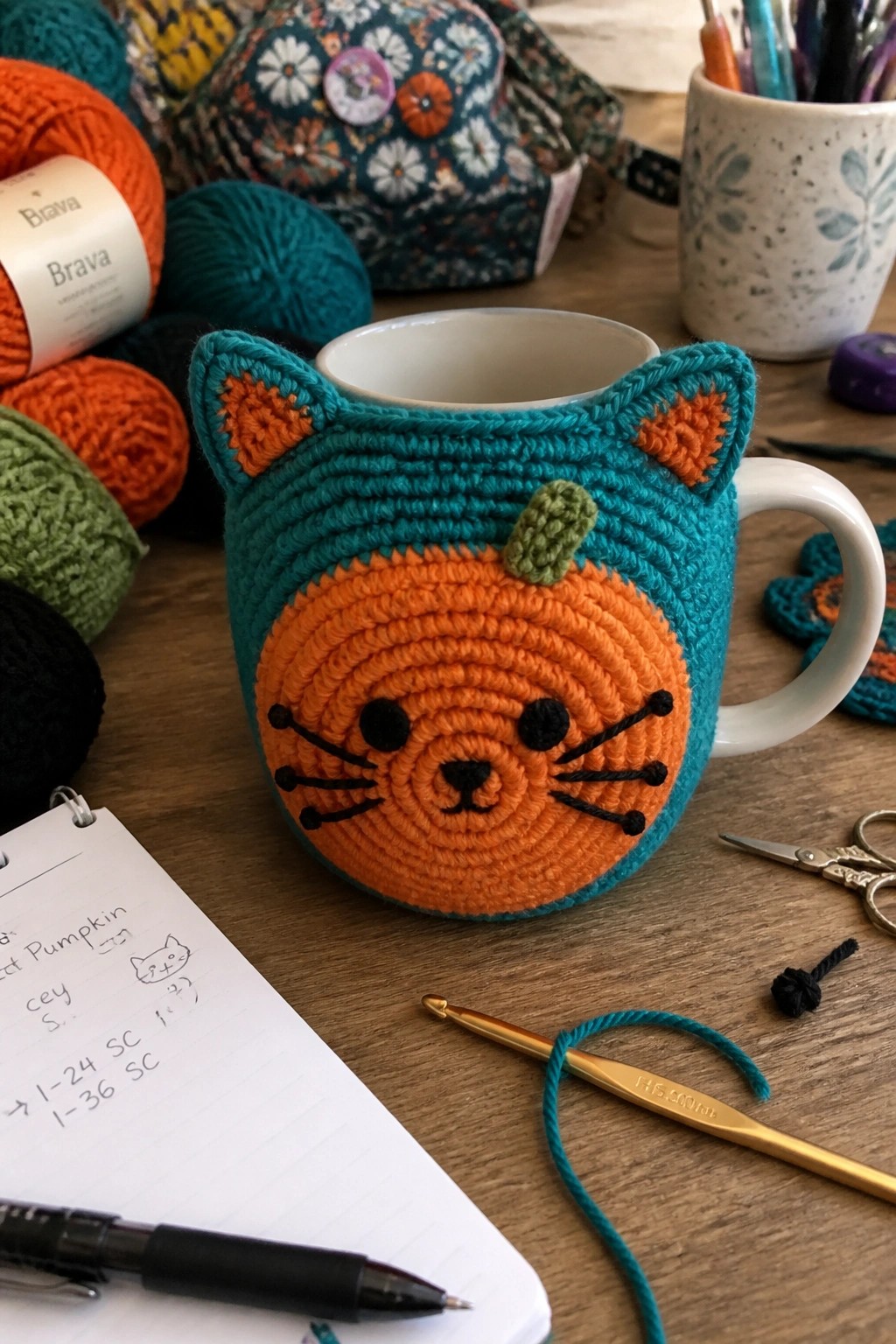 Teal crocheted cat cozy on white mug amid yarn, hooks, and notebook on wood table