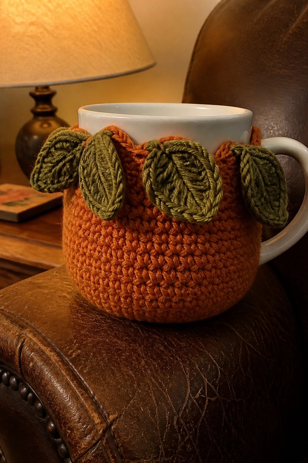 Orange crocheted pumpkin cozy with green leaves on white mug atop brown leather.