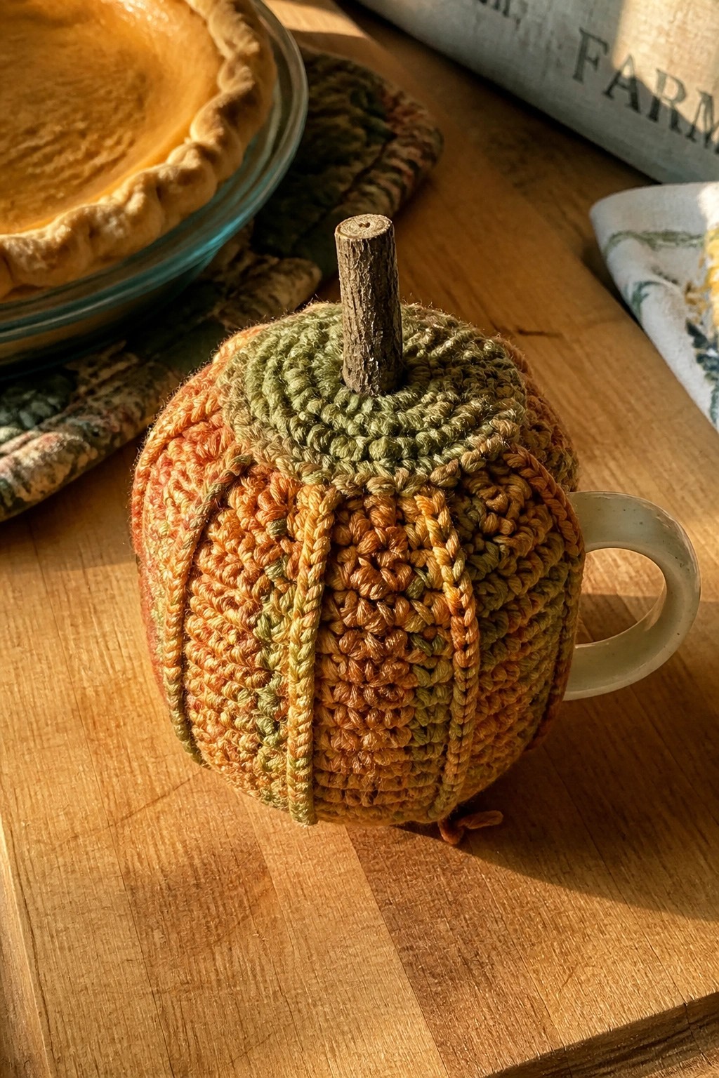 Crocheted orange-green pumpkin with wooden stem on mug atop wooden table