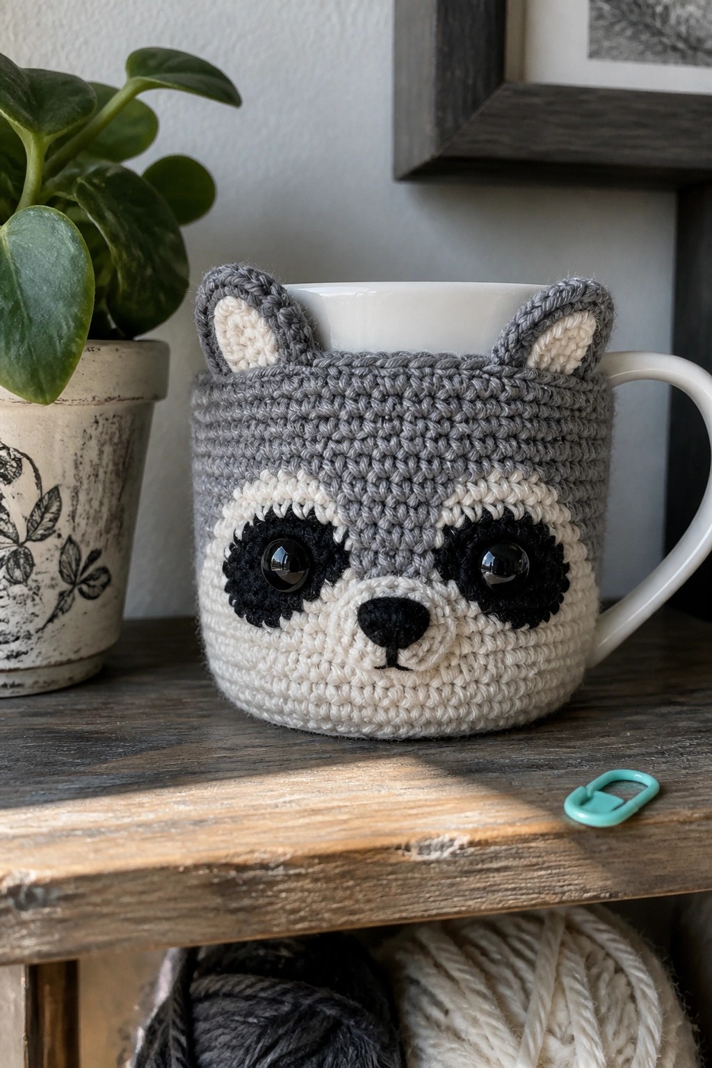 Crocheted gray raccoon cozy on white mug with black eyes on wooden shelf