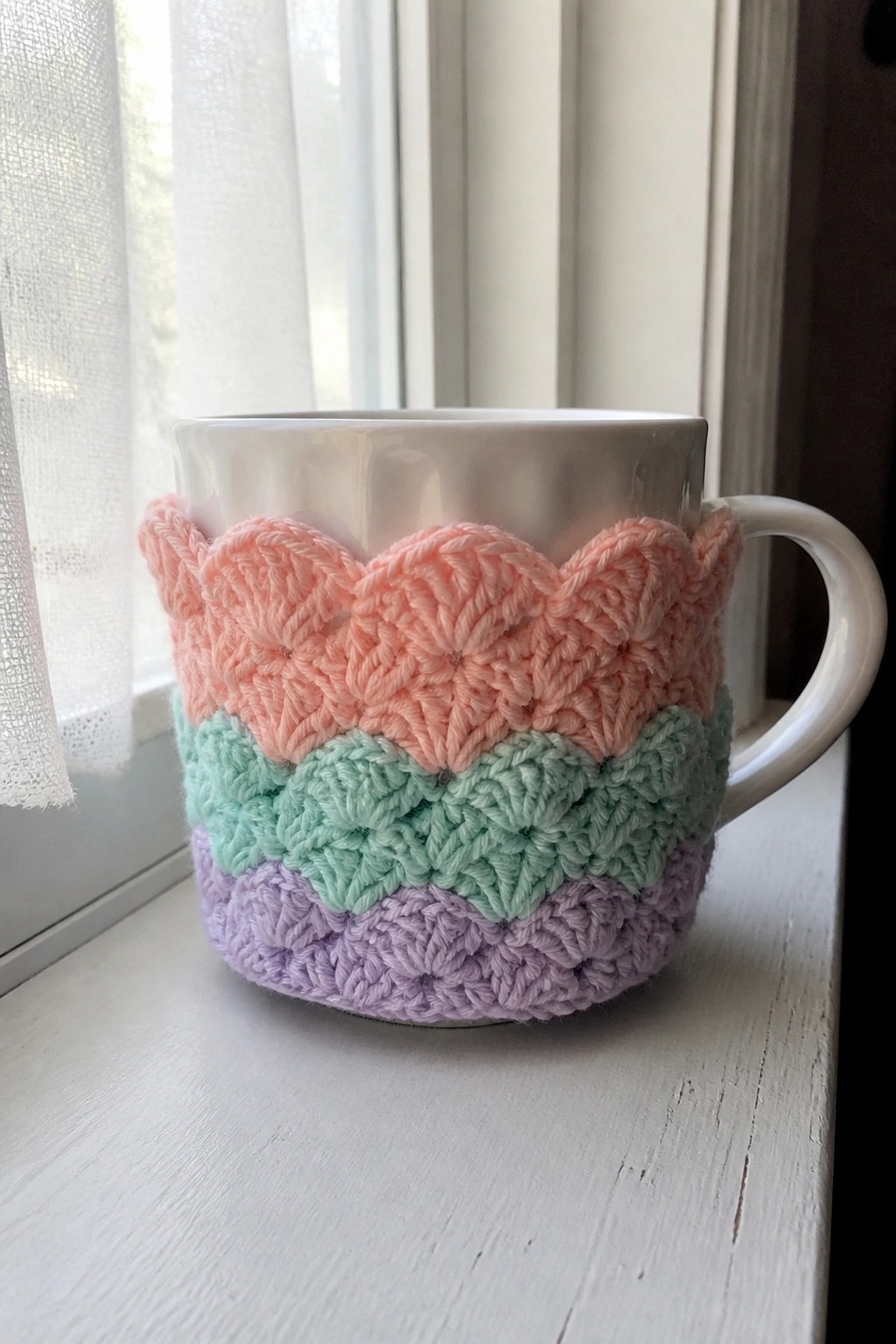 White mug with scalloped peach, mint, and lavender crocheted cozy on windowsill