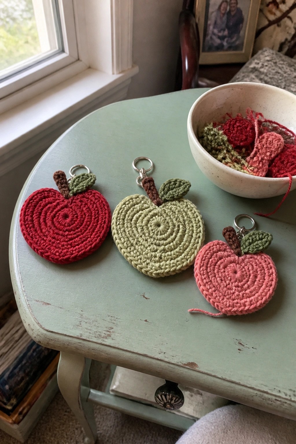 Three crocheted apple keychains in red, green, and pink on a green table