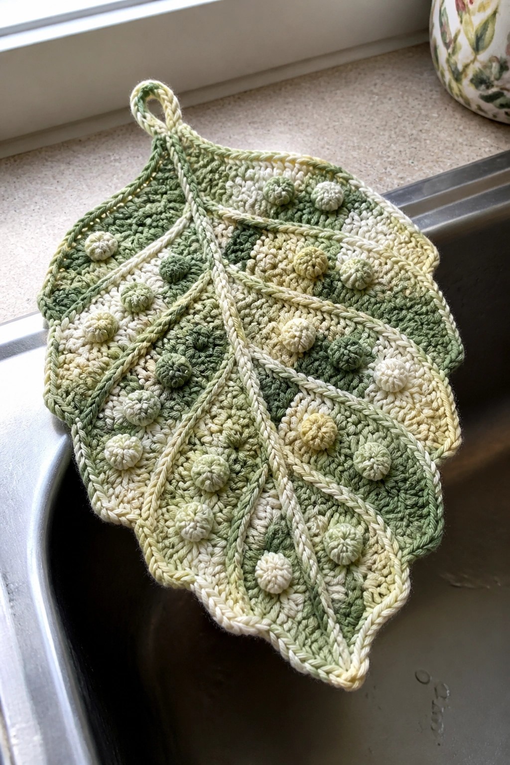 Crocheted leaf potholder in green tones with bobbles over kitchen sink