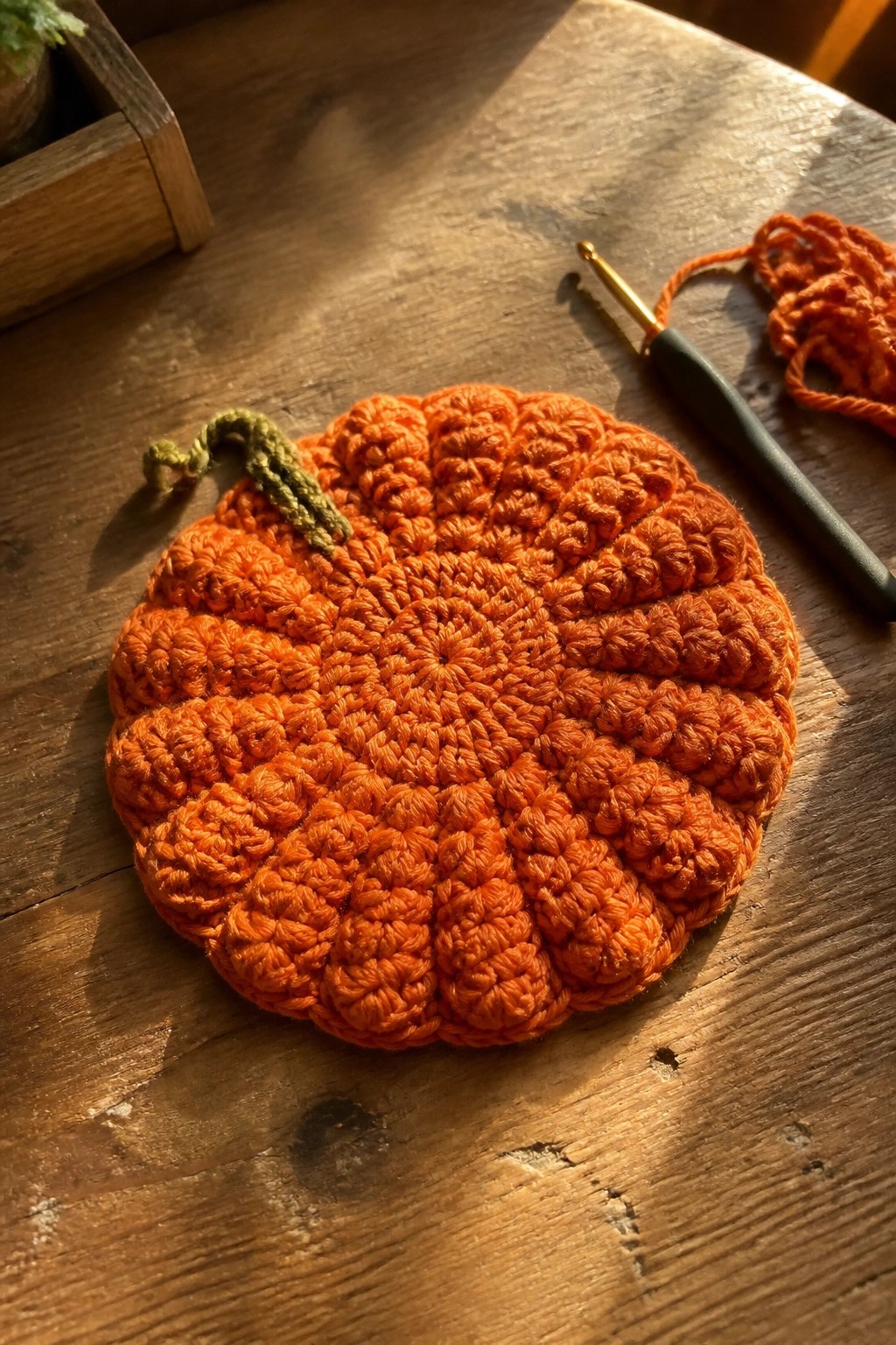 An orange crocheted pumpkin-shaped coaster with a green stem sits on a wooden table beside a crochet hook and orange yarn.