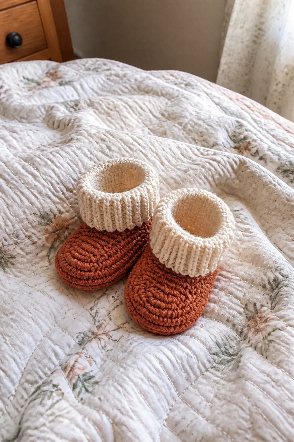 Pair of crocheted baby booties with cream cuffs and rust soles on floral quilt