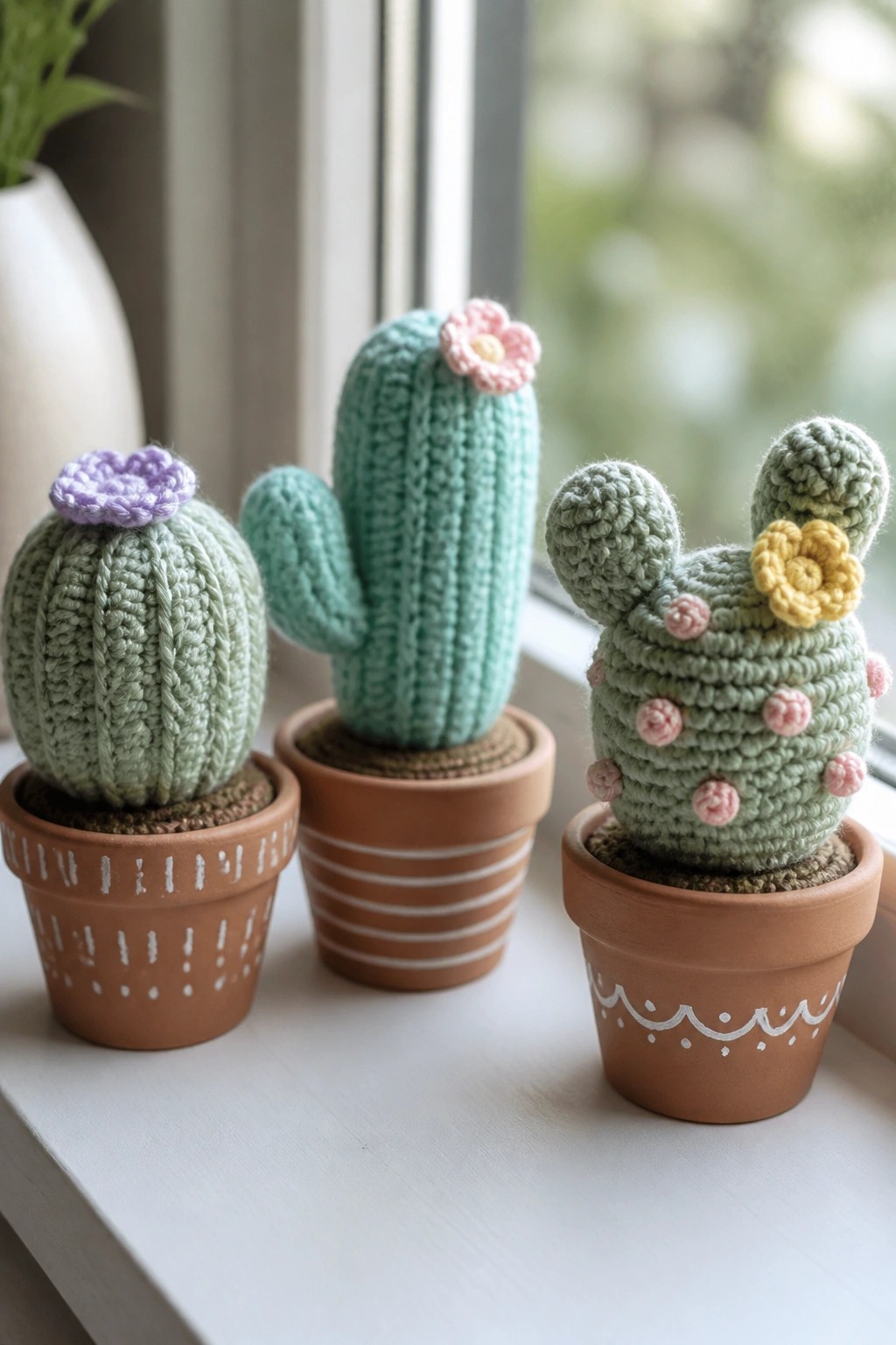 Three crocheted cacti with flowers in decorated terracotta pots on a windowsill.