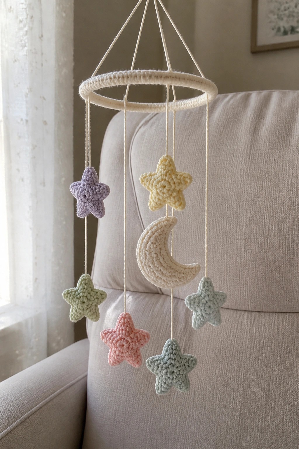 Pastel crocheted stars and crescent moon mobile hanging from a ring