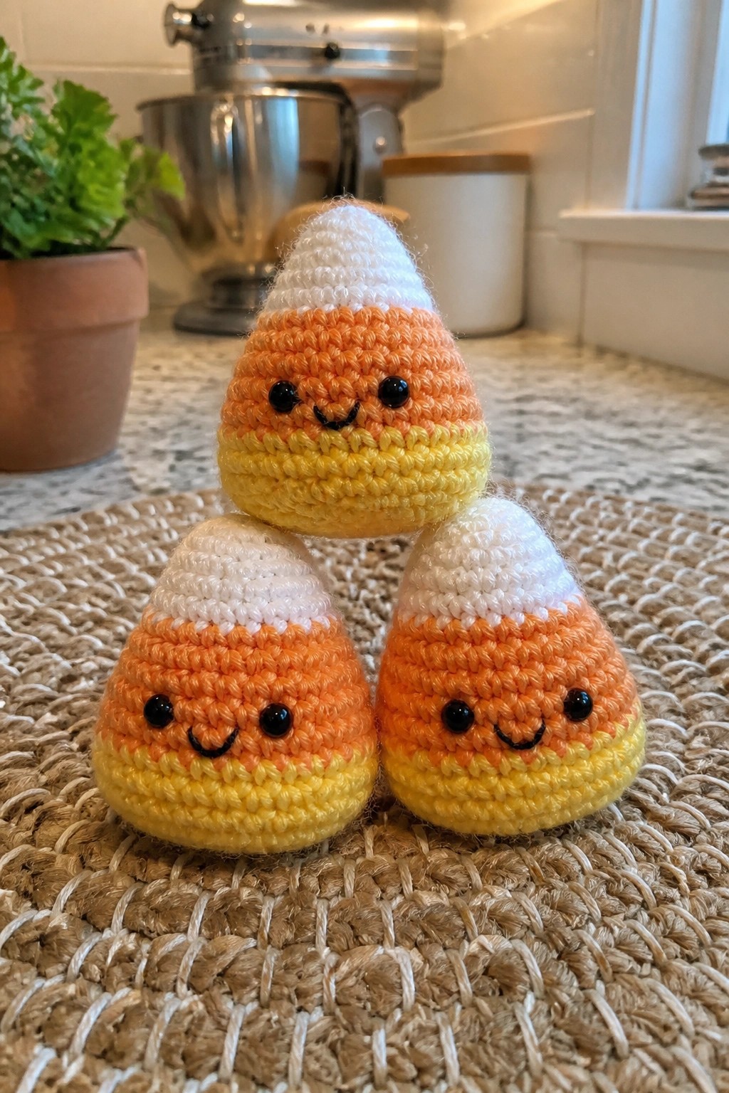 Three crocheted candy corn amigurumi with smiling faces on woven mat