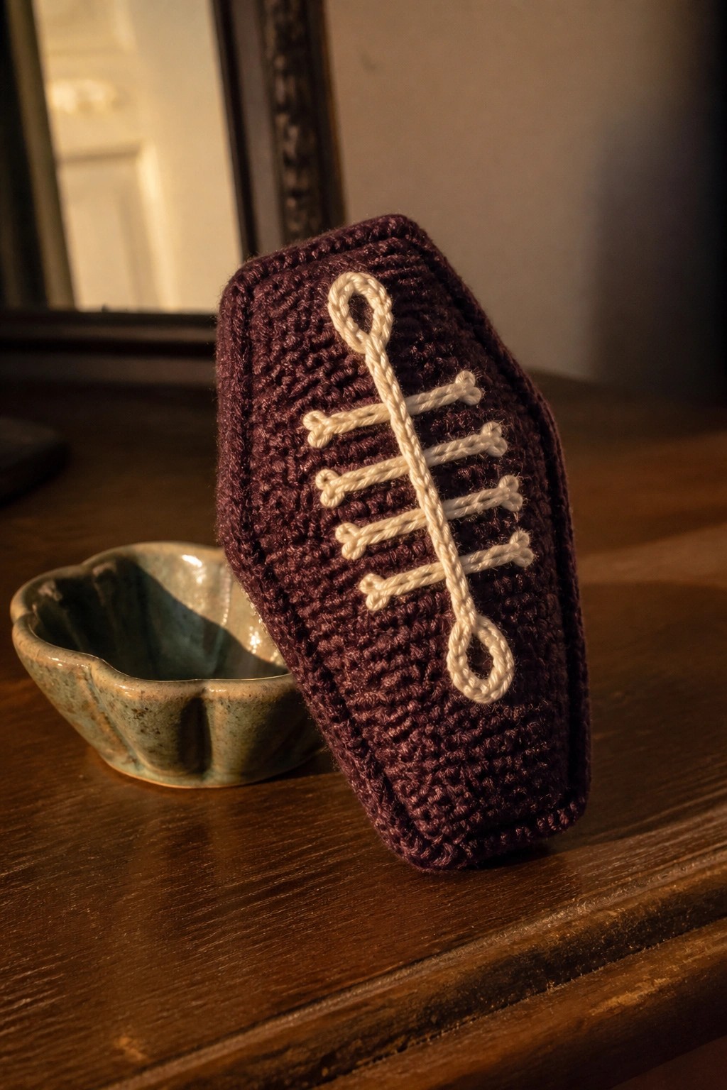 Maroon crocheted coffin with white lacing beside a small ceramic bowl on wood.
