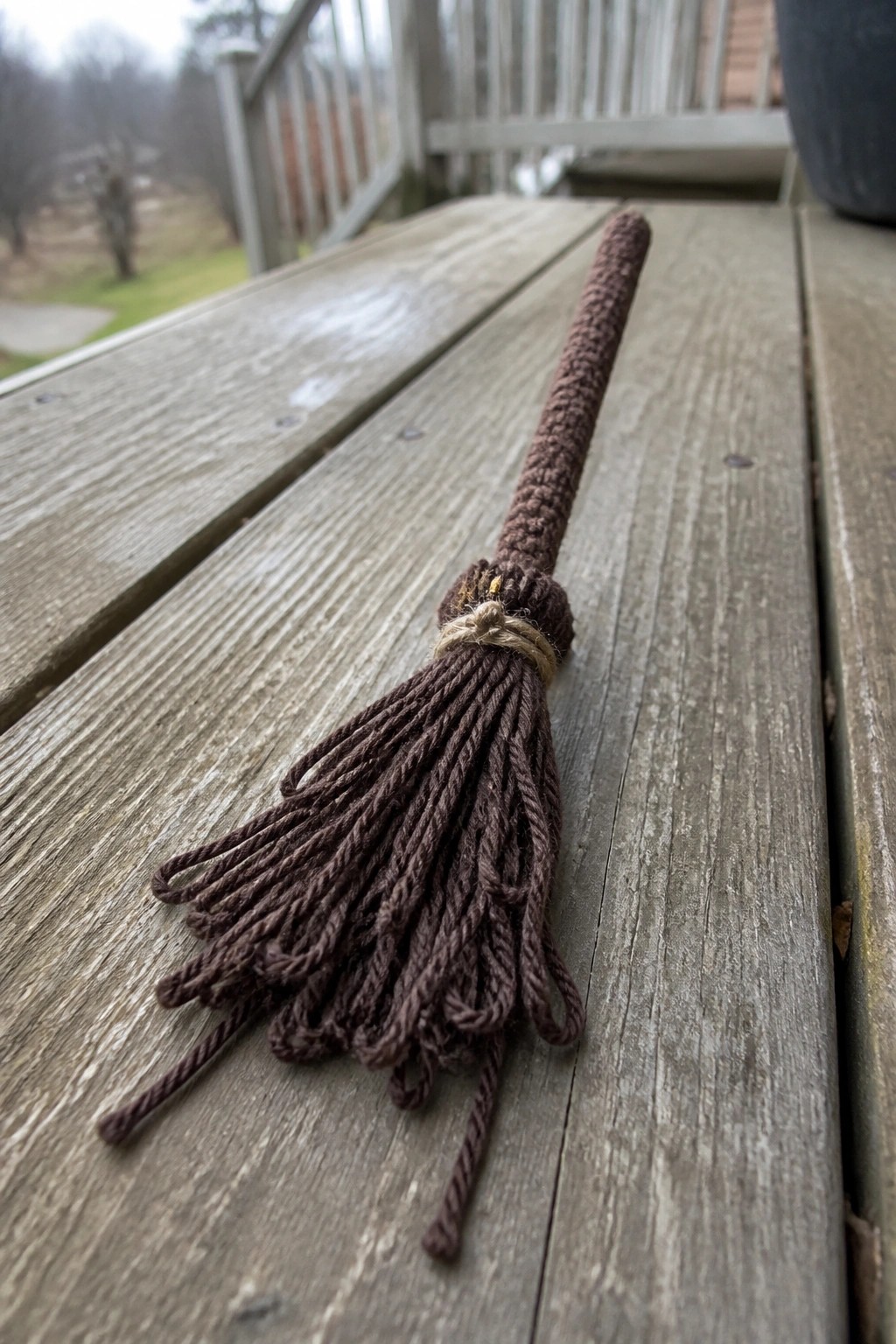 Brown crocheted broom with yarn bristles tied by twine on wooden deck