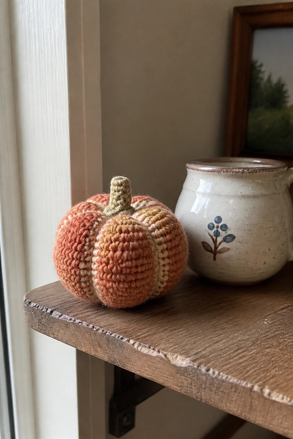 A small crocheted pumpkin with orange and cream stripes and a beige stem sits on a wooden shelf next to a ceramic mug.