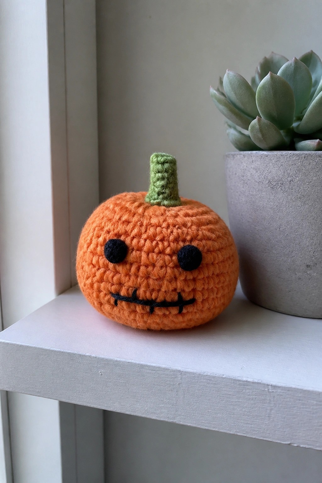 Crocheted orange pumpkin with black eyes, stitched mouth, and green stem beside succulent.