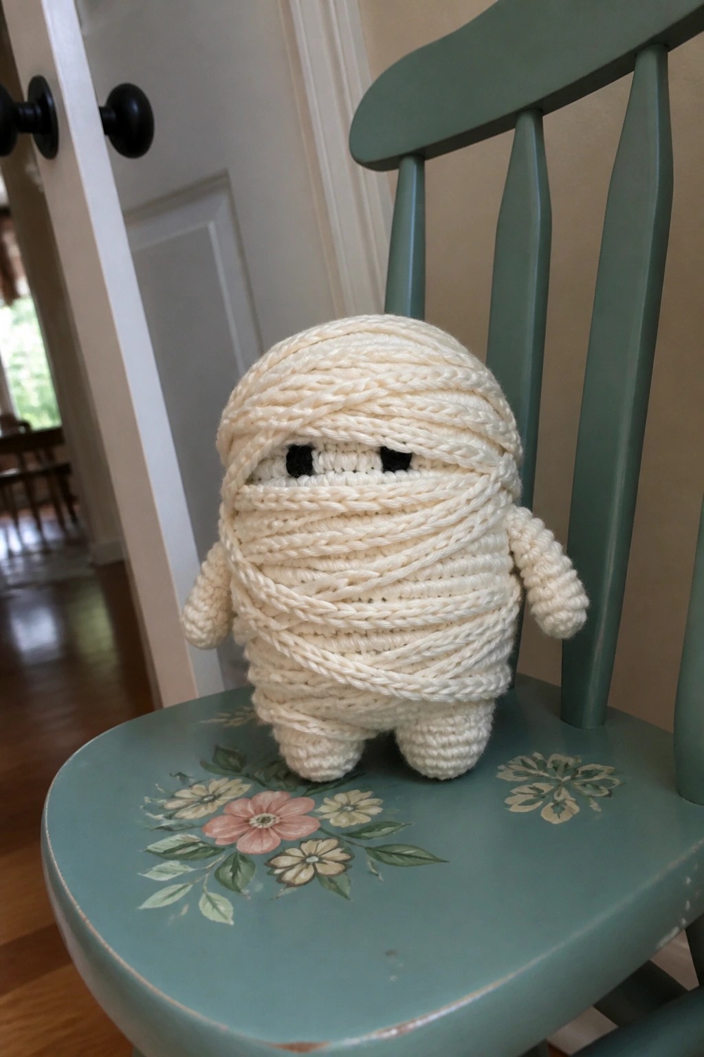 A small crocheted mummy figure wrapped in white yarn with black eyes sits on a painted wooden chair.