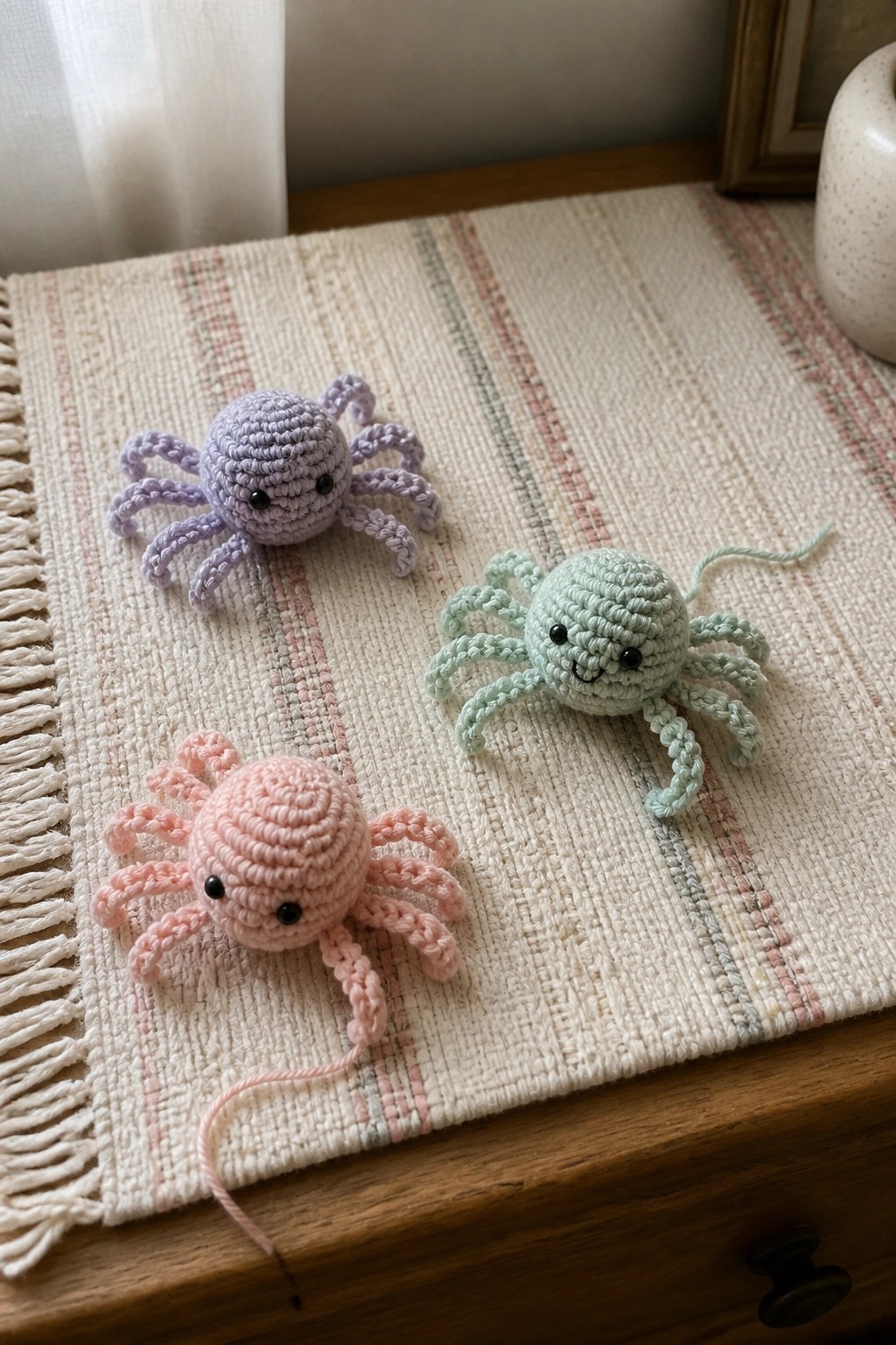 Three pastel crocheted octopuses on a striped woven placemat atop wooden surface.