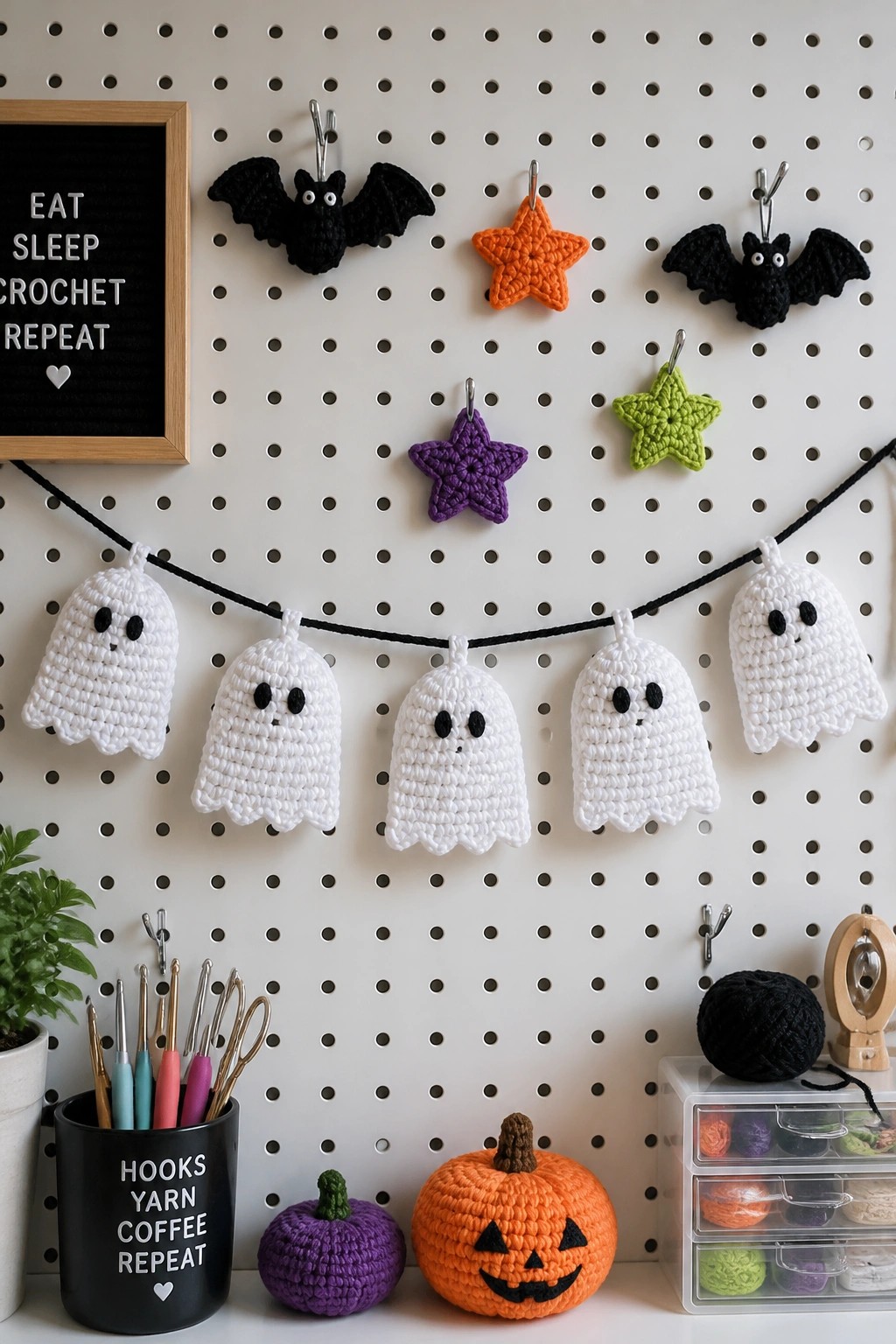 Crocheted ghost garland, bats, stars, and pumpkins on white pegboard with supplies.