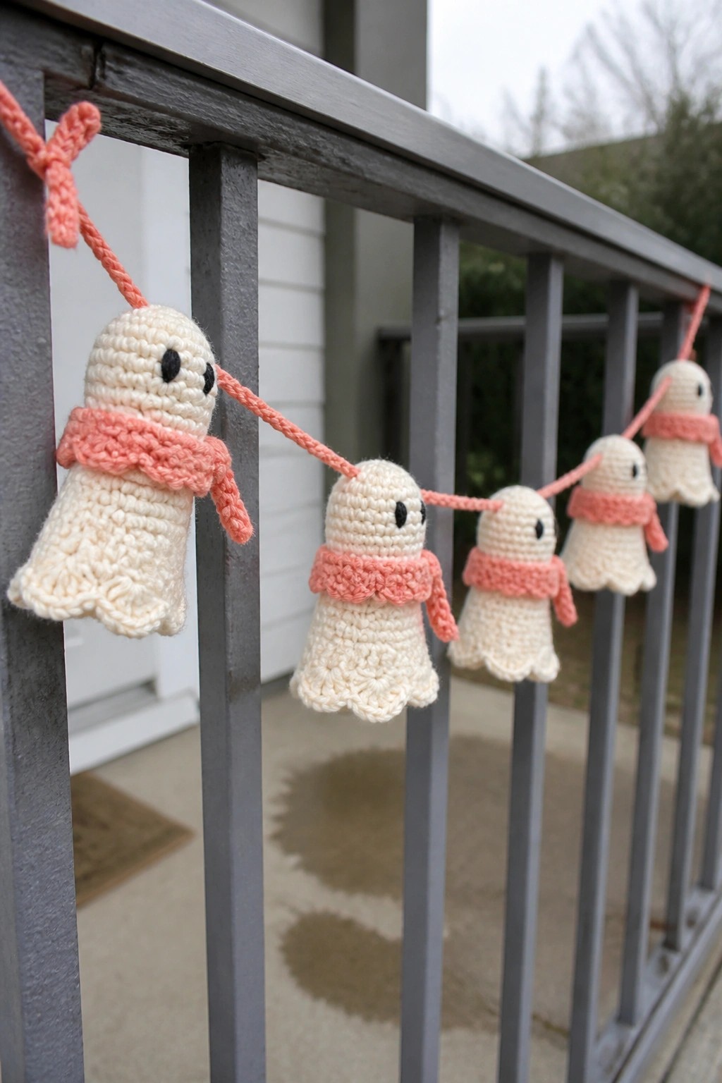 Five small crocheted ghost figures with pink scarves hang connected on a pink cord from a gray metal railing.