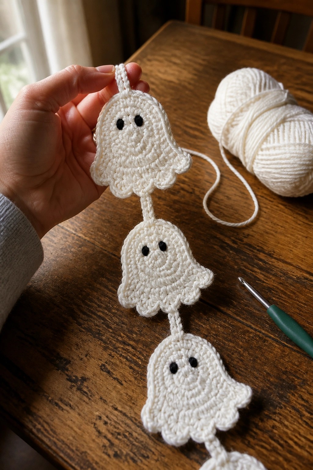 Hand holds string of white crocheted ghosts on wooden table with yarn and hook