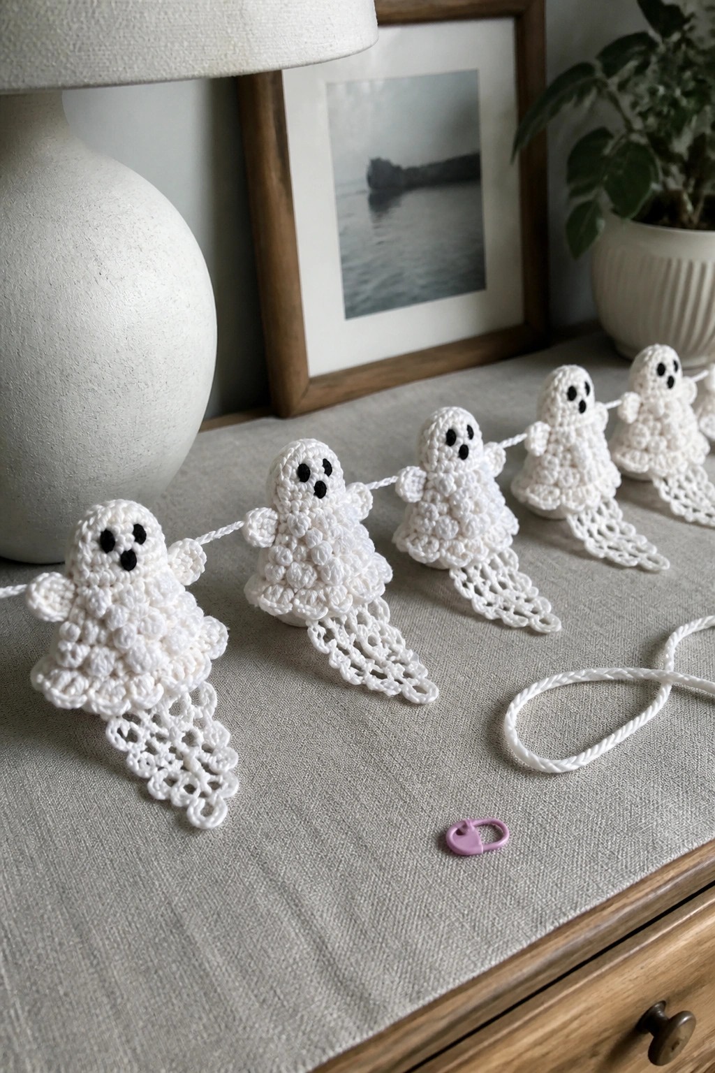 White crocheted ghost garlands with black eyes on gray linen tablecloth.