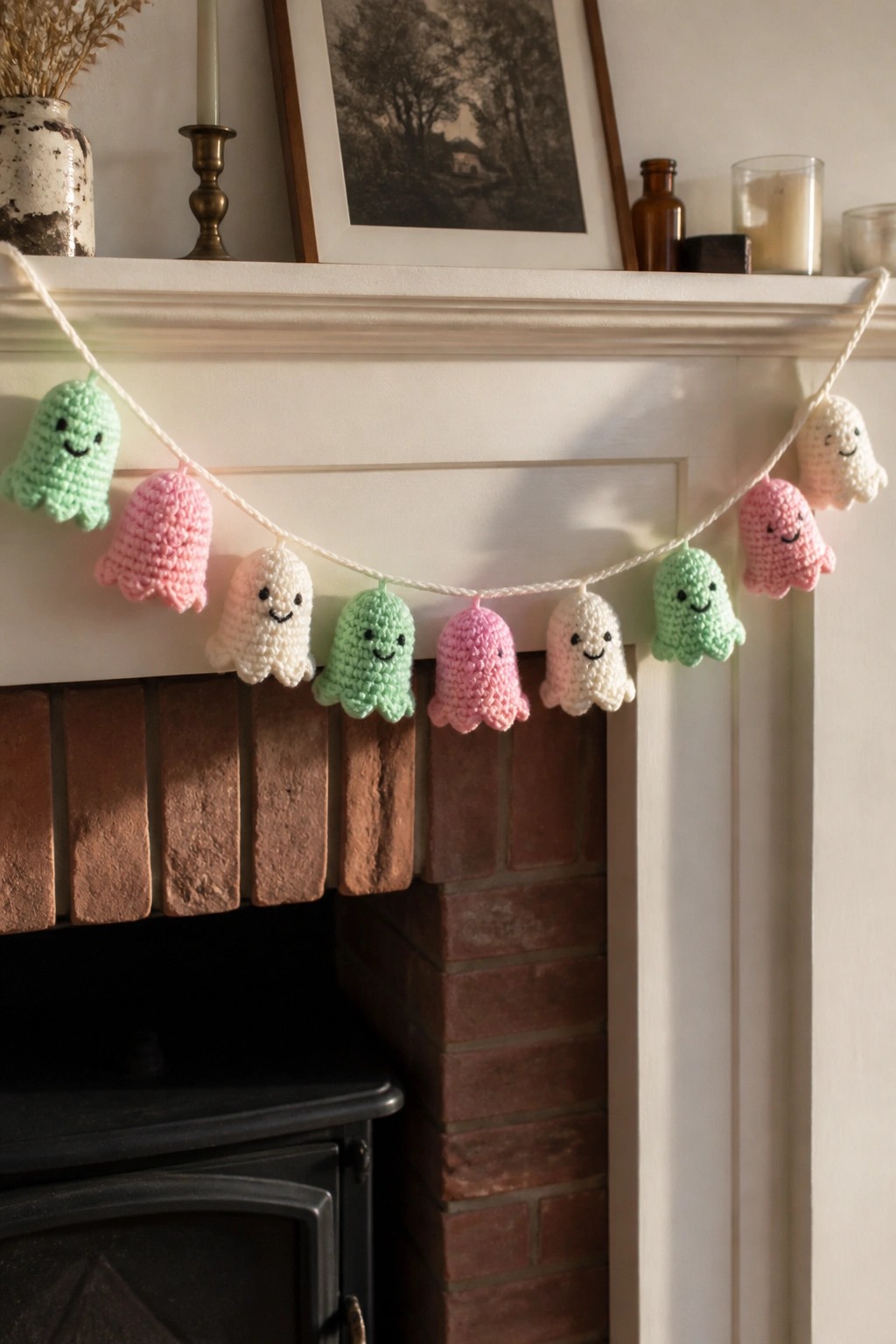 Pastel crocheted ghost garland hanging on a white brick fireplace mantel