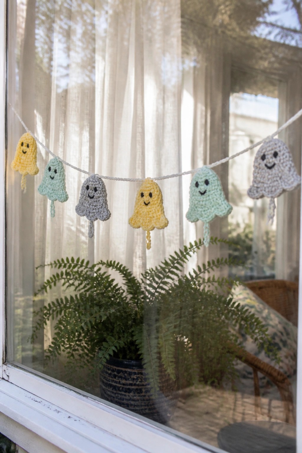 Pastel crocheted ghost garland hanging above a potted fern on a windowsill.