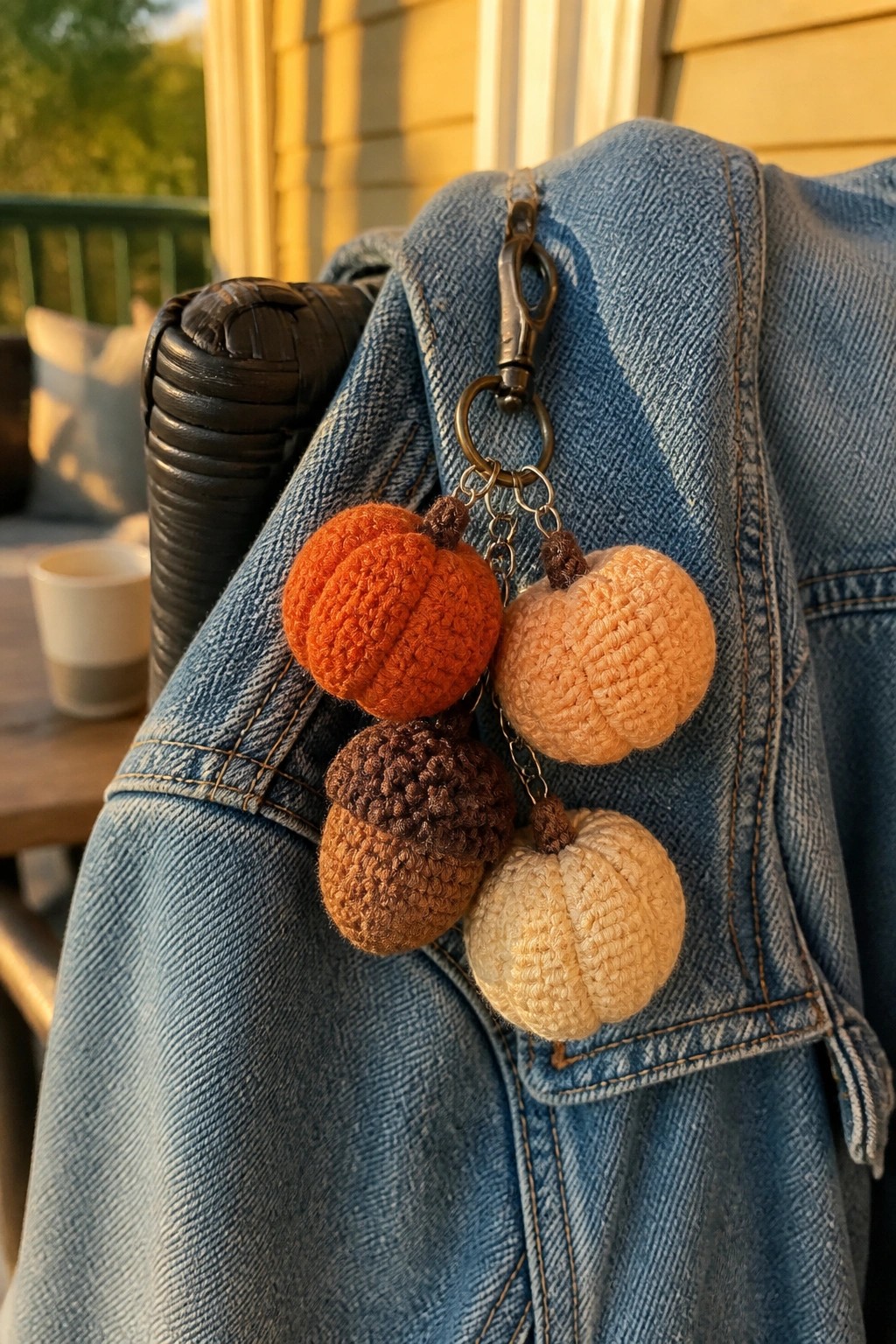 Blue denim jacket with keychain of four crocheted pumpkins in fall colors.