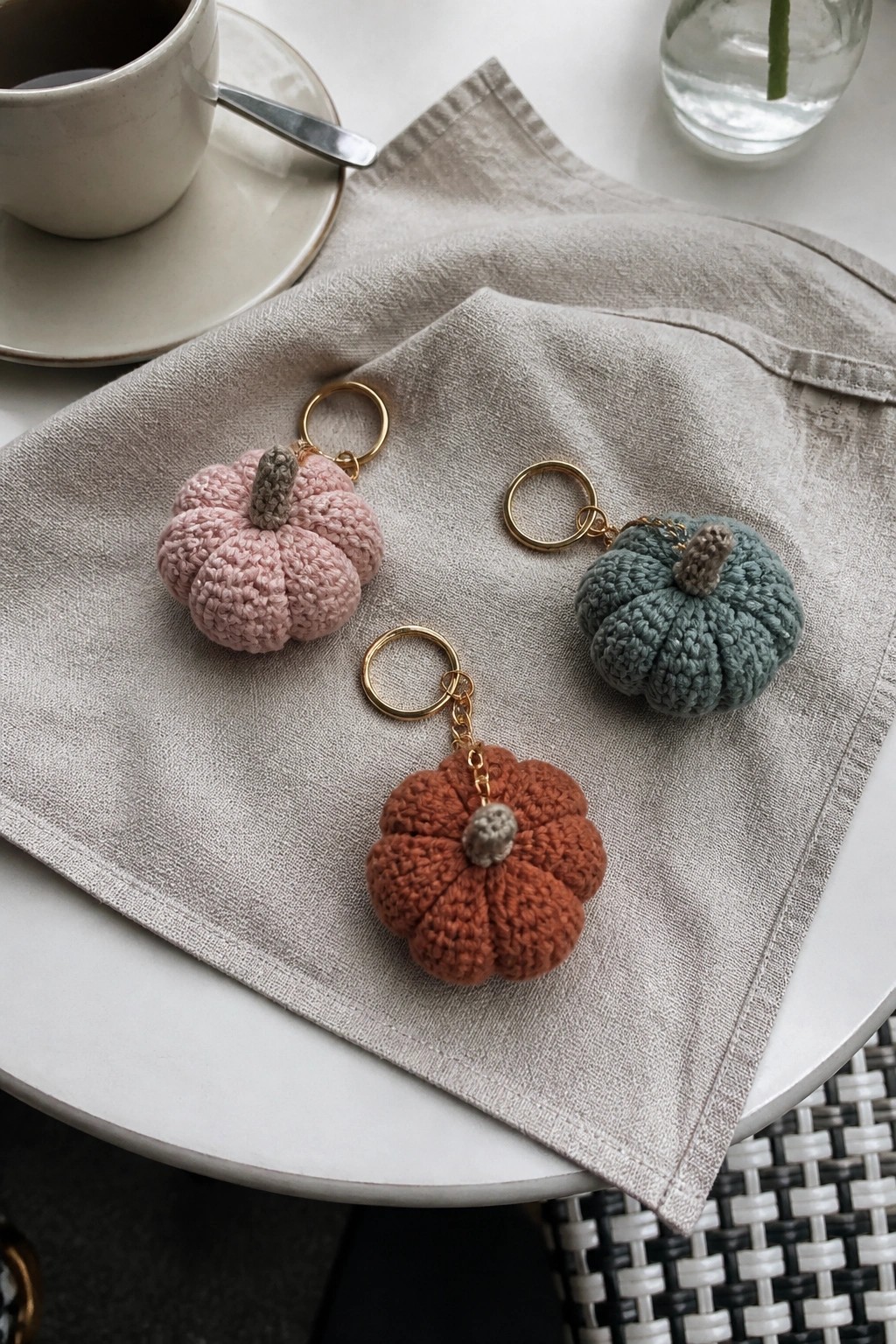 Three crocheted pumpkin keychains in pink, teal, and rust on beige cloth with coffee