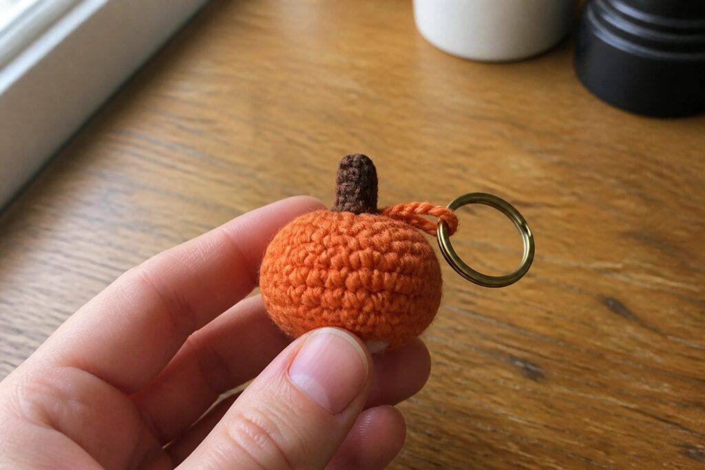 Hand holding small orange crocheted pumpkin keychain with brown stem and gold ring.
