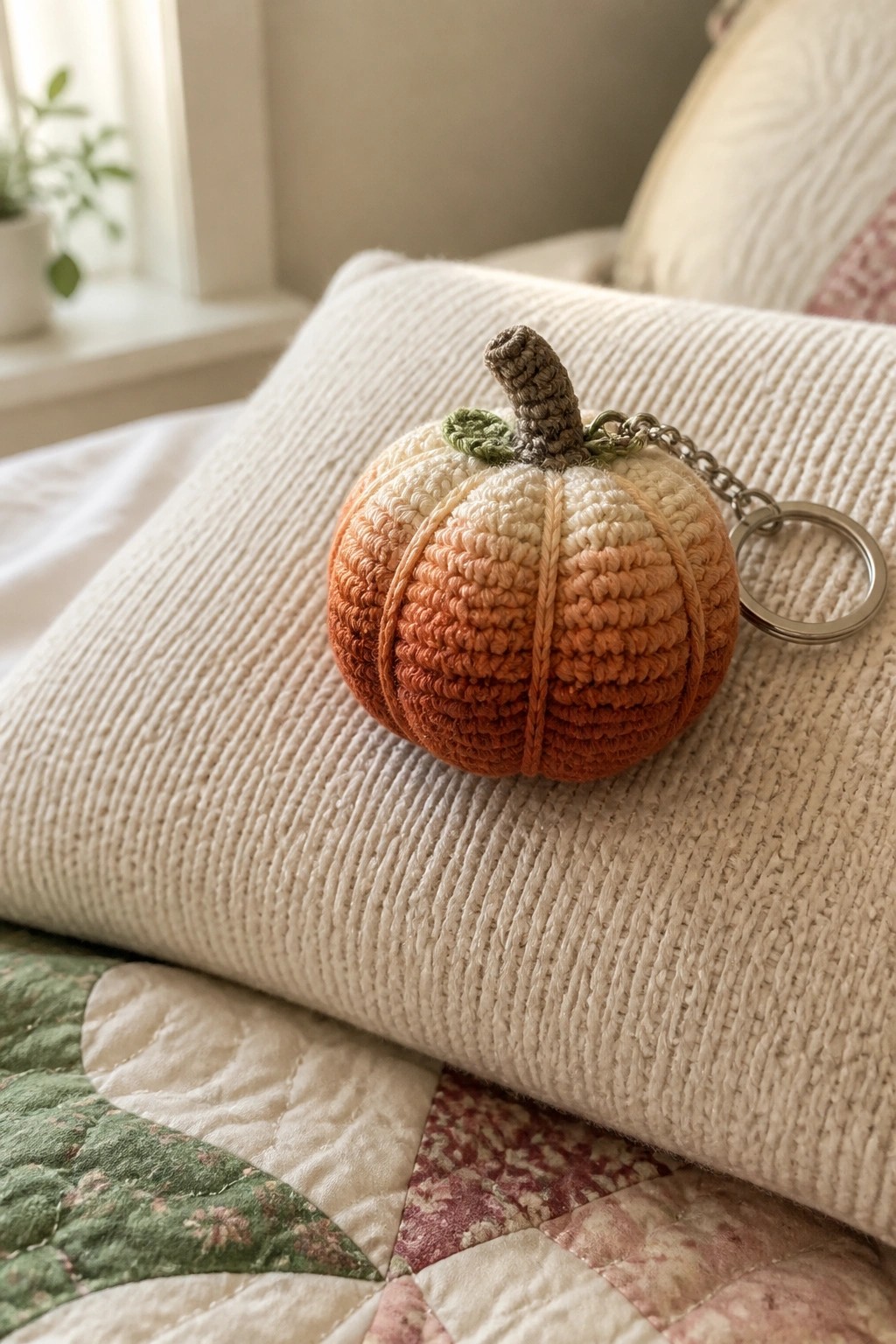 Crocheted gradient pumpkin keychain on white corduroy pillow over quilt