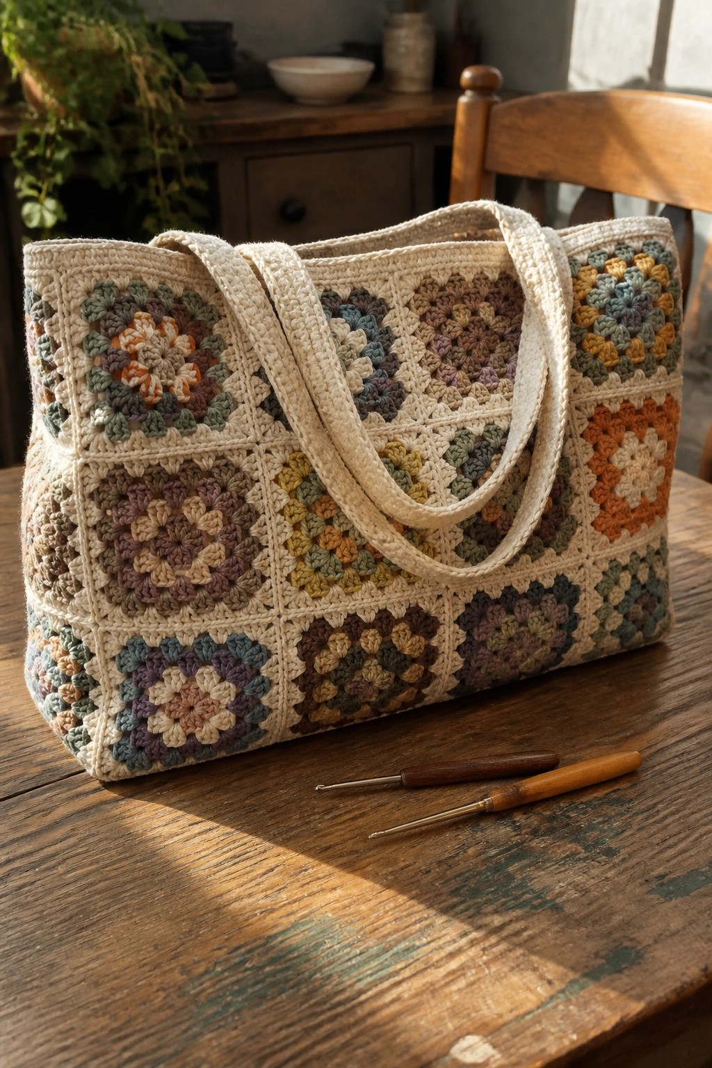 Crocheted granny square tote bag on wooden table with crochet hooks