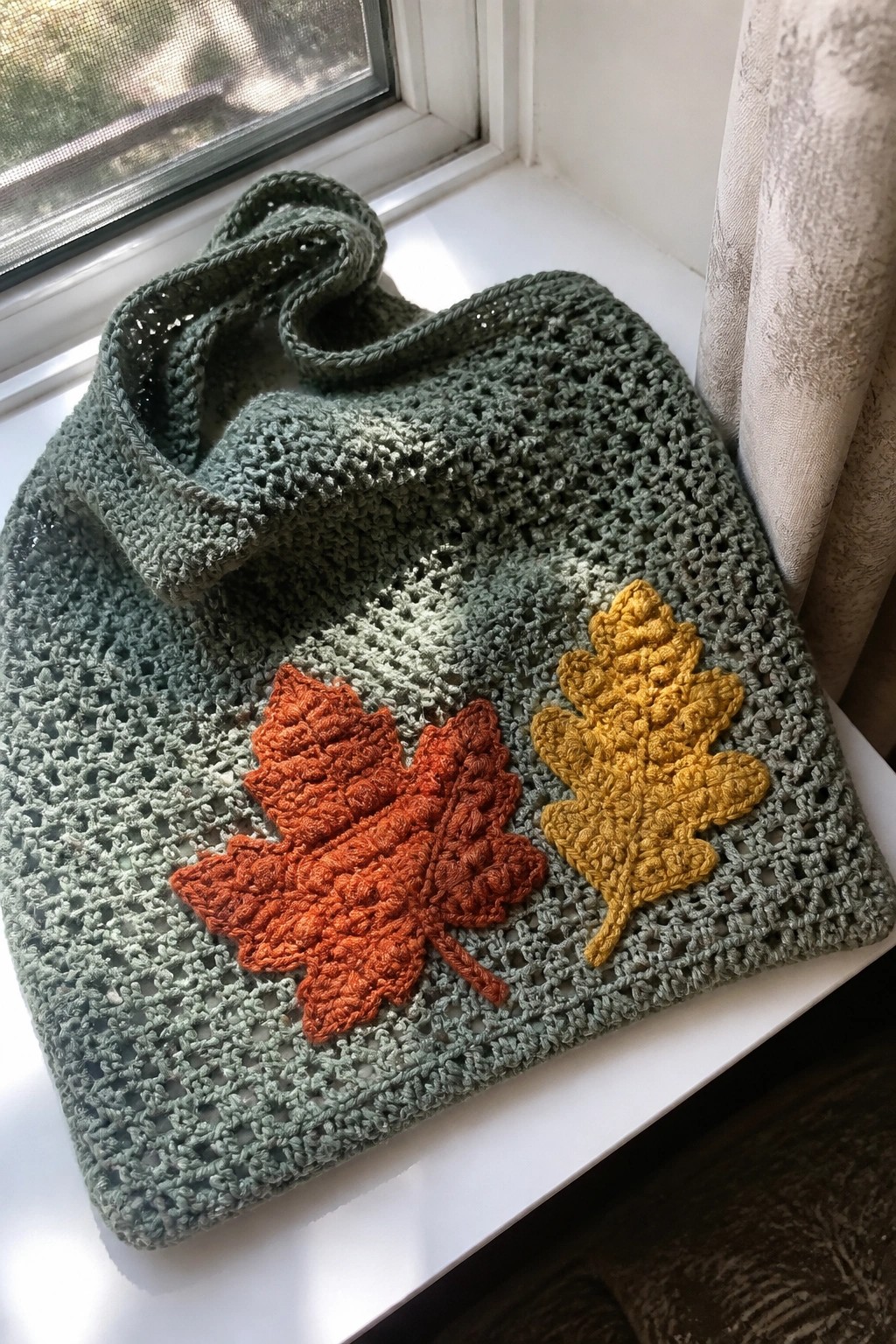 Green crocheted tote bag with orange maple and yellow oak leaf appliques on windowsill