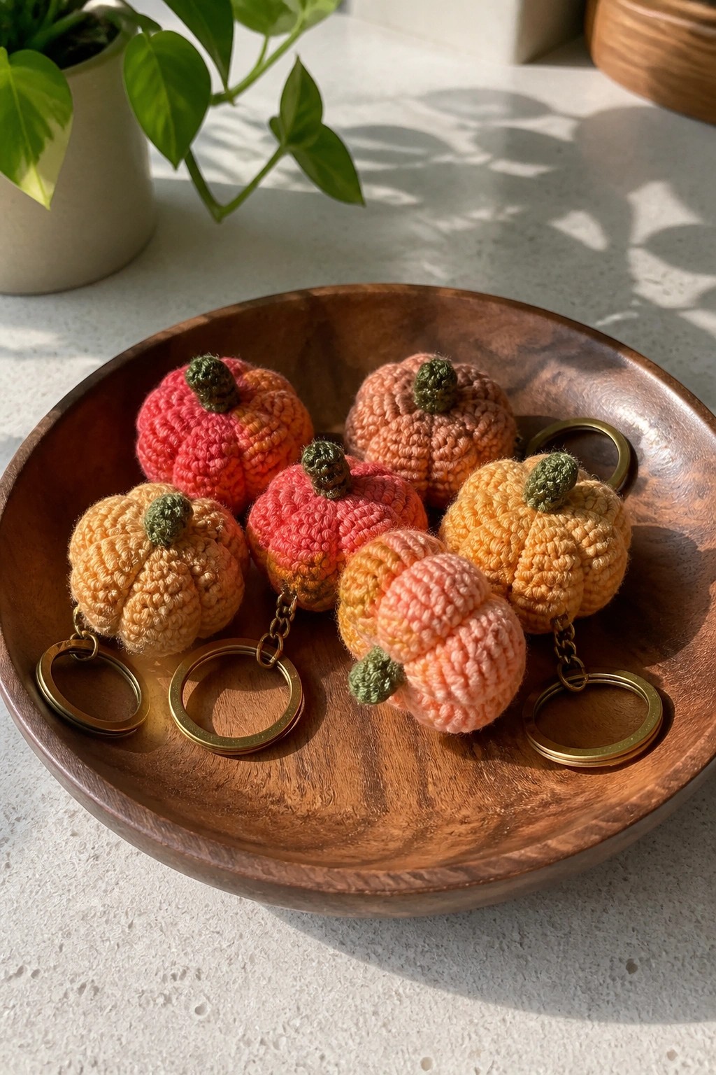 Colorful crocheted pumpkin keychains in warm shades rest in a wooden bowl.