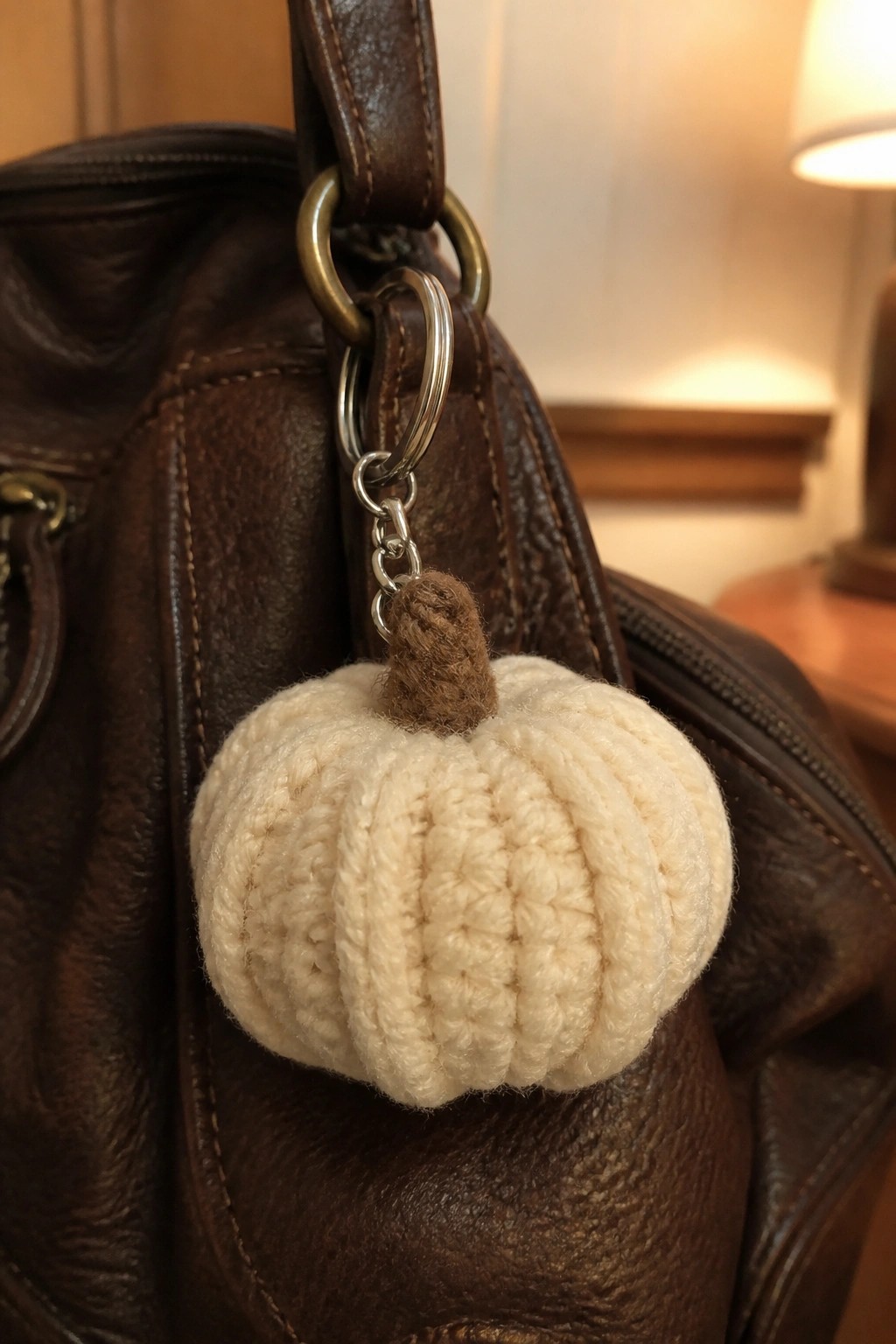 Crocheted cream pumpkin keychain hanging from brown leather handbag strap.