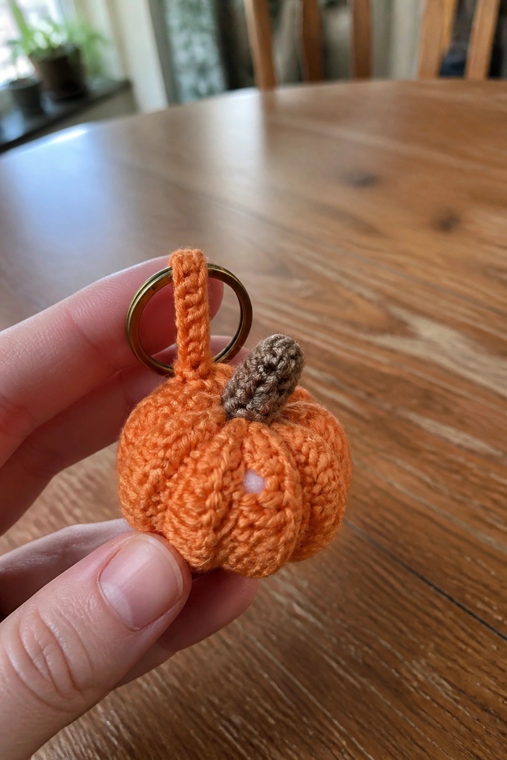 Hand holding small orange crocheted pumpkin keychain with brown stem and gold ring.