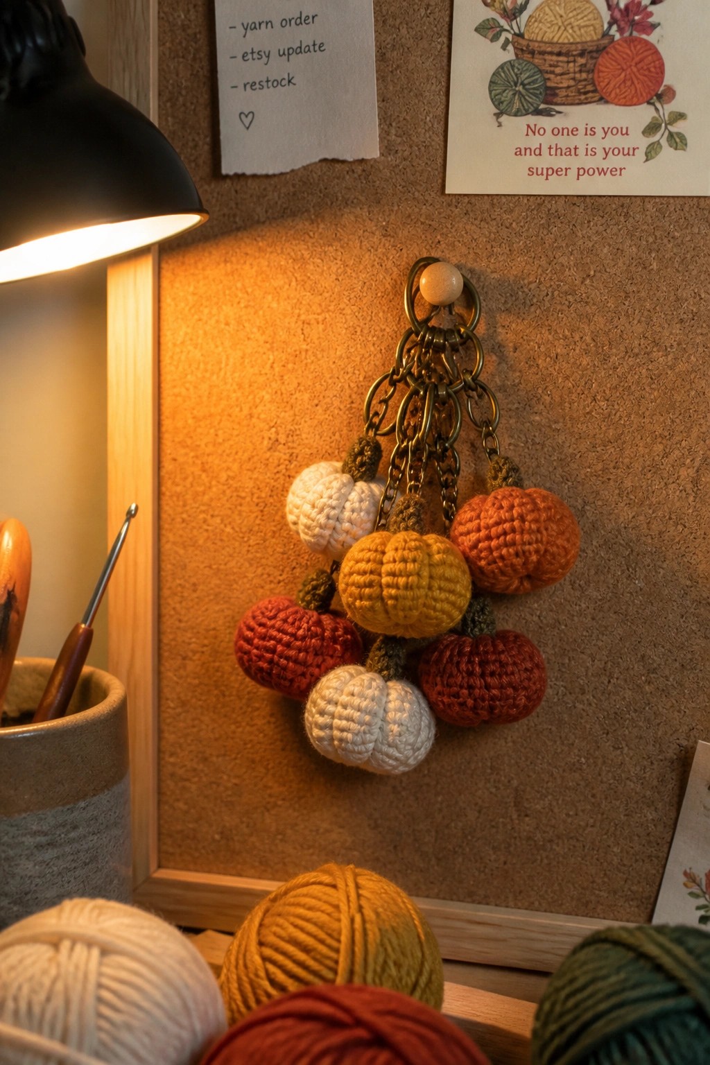 Cluster of crocheted pumpkin keychains in autumn colors hanging on corkboard with yarn.