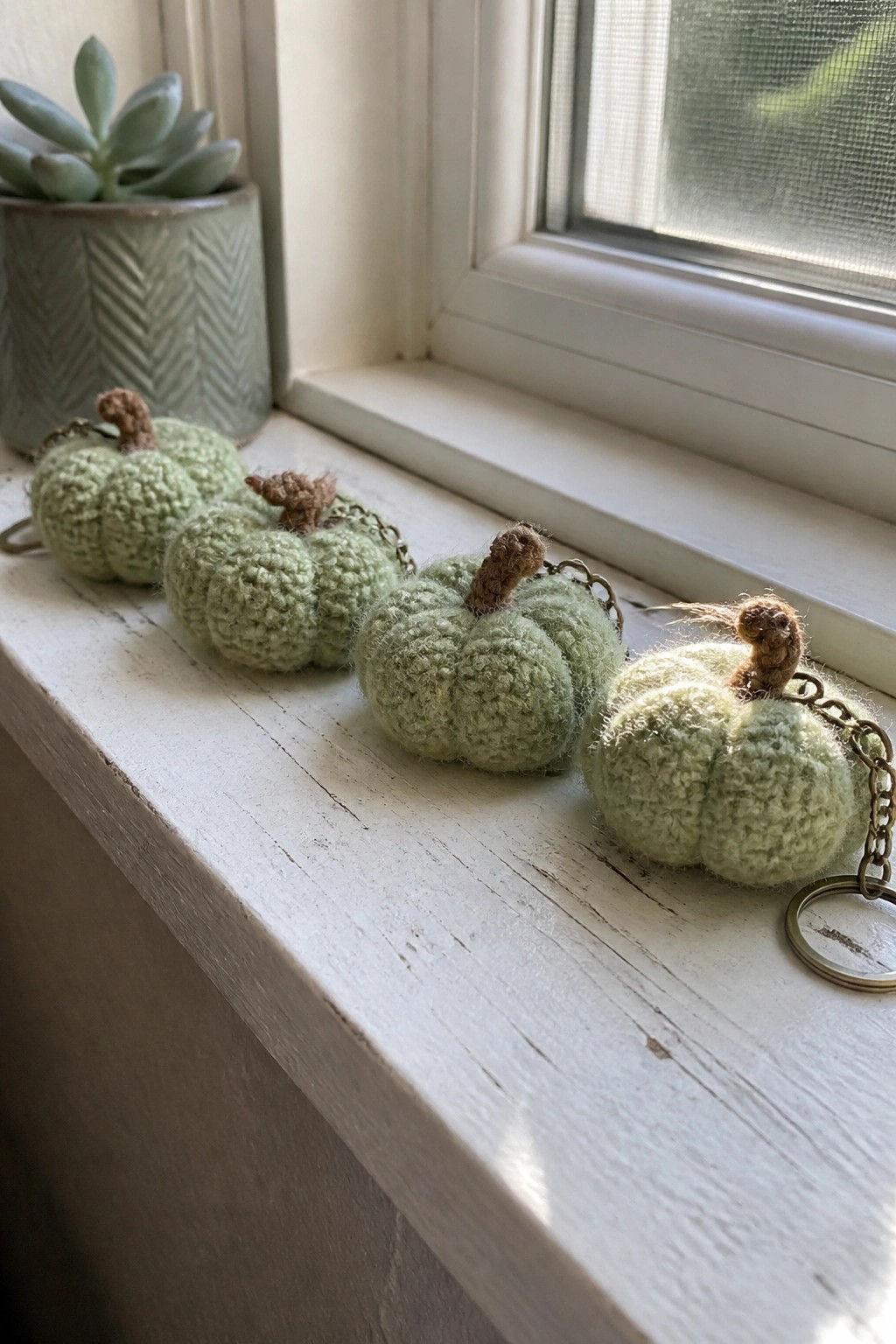 Four light green crocheted pumpkin keychains on a white wooden windowsill beside a succulent.