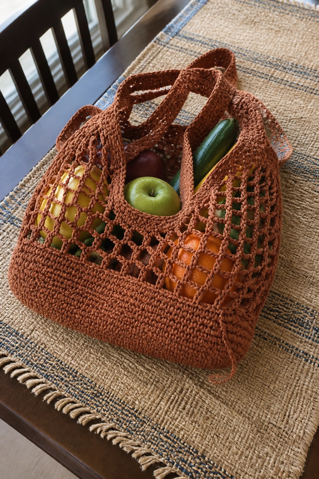 Terracotta crocheted mesh bag filled with fruits and vegetables on woven placemat.