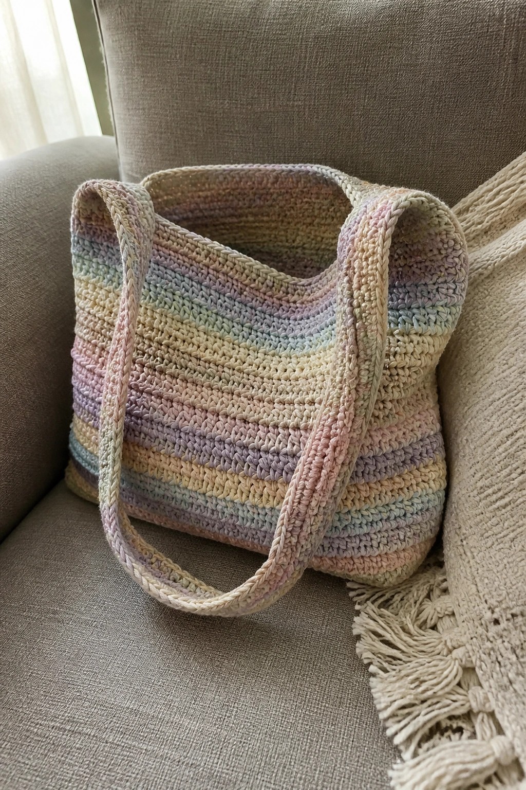 Pastel striped crocheted tote bag on beige couch beside fringed throw