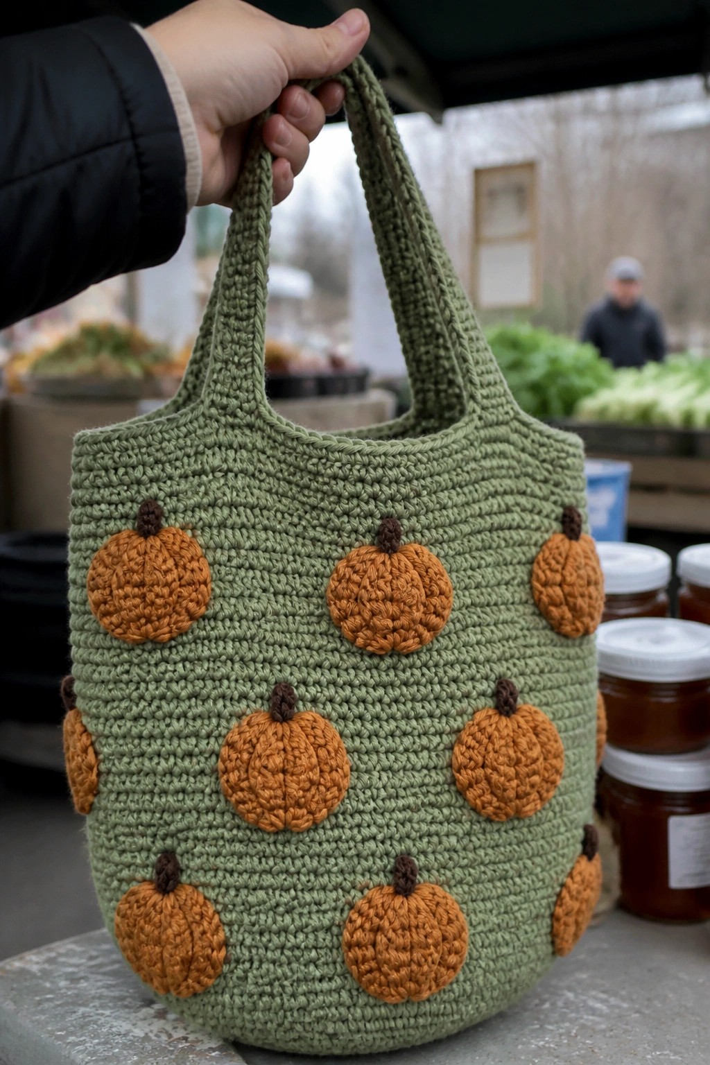 Hand holding green crocheted tote bag with orange pumpkin appliques at market