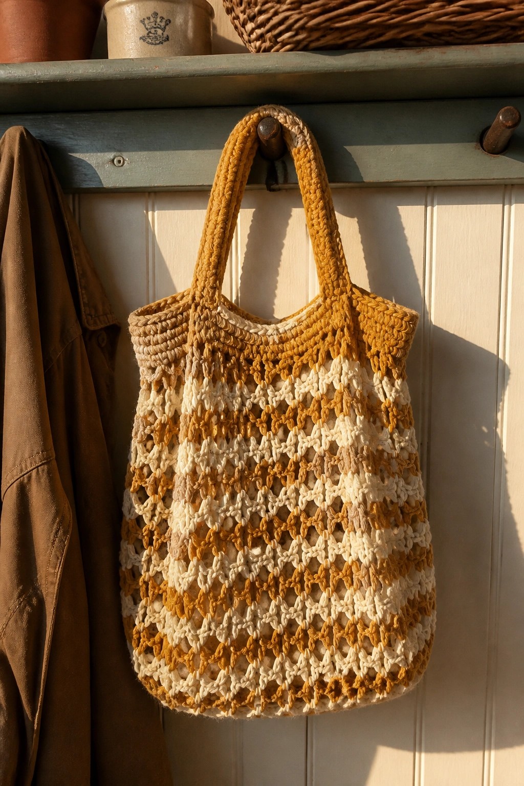 Yellow and white striped crocheted tote bag hanging on wooden hook beside brown jacket