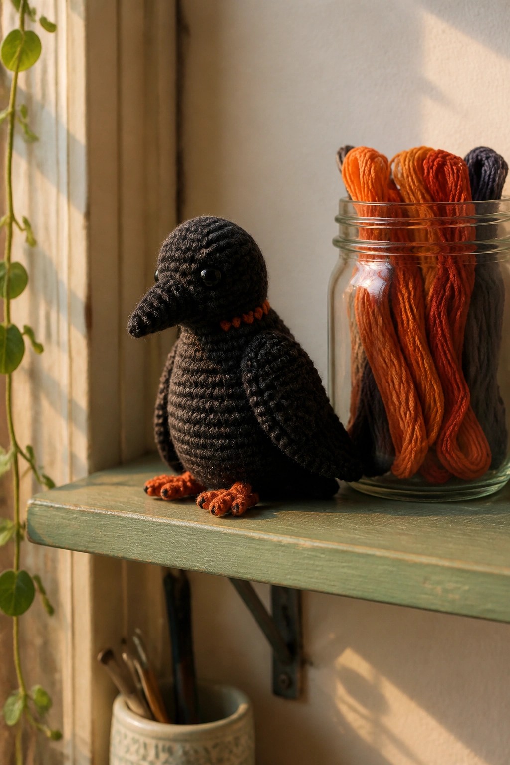 Crocheted black bird with orange feet on green shelf beside jar of colorful yarn