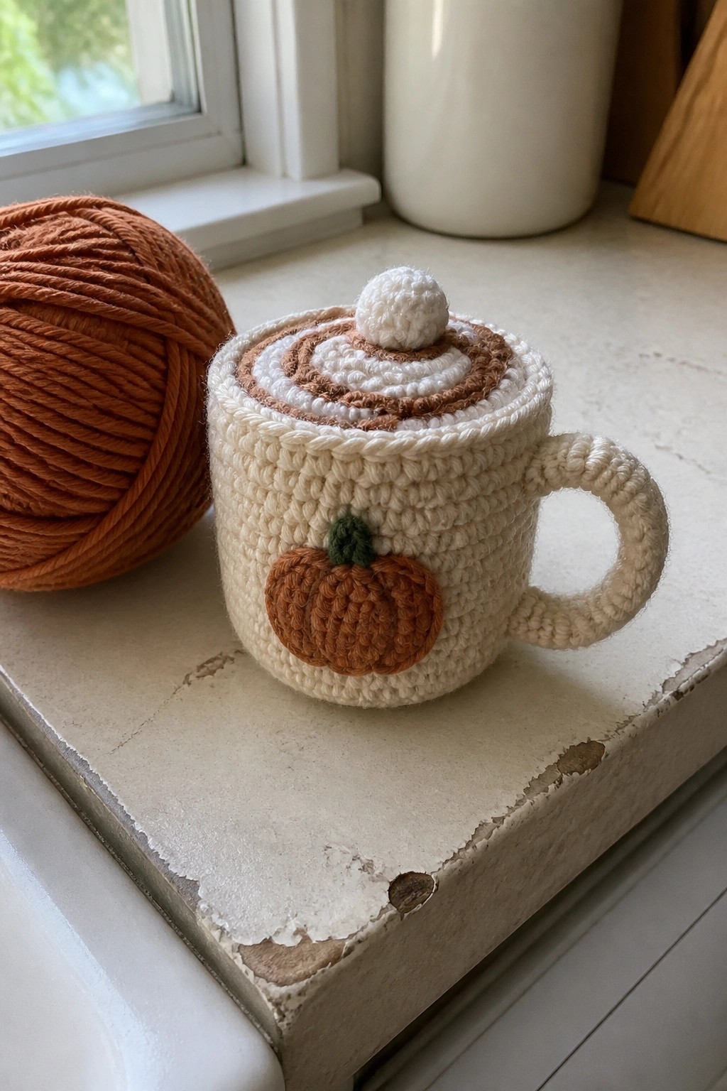 Crocheted cream mug with pumpkin applique and swirled lid beside orange yarn ball