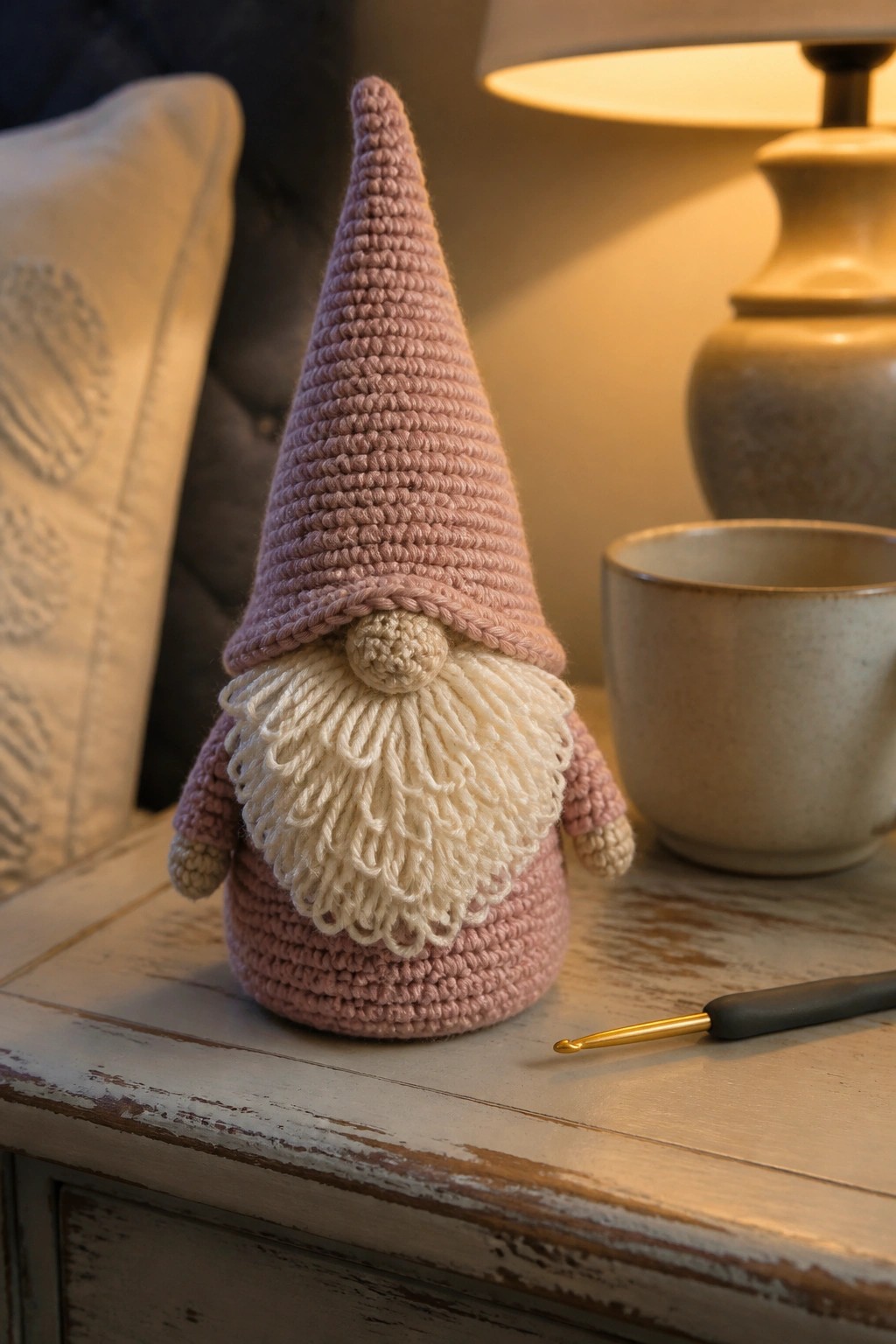 Pink crocheted gnome with white beard on wooden table beside hook