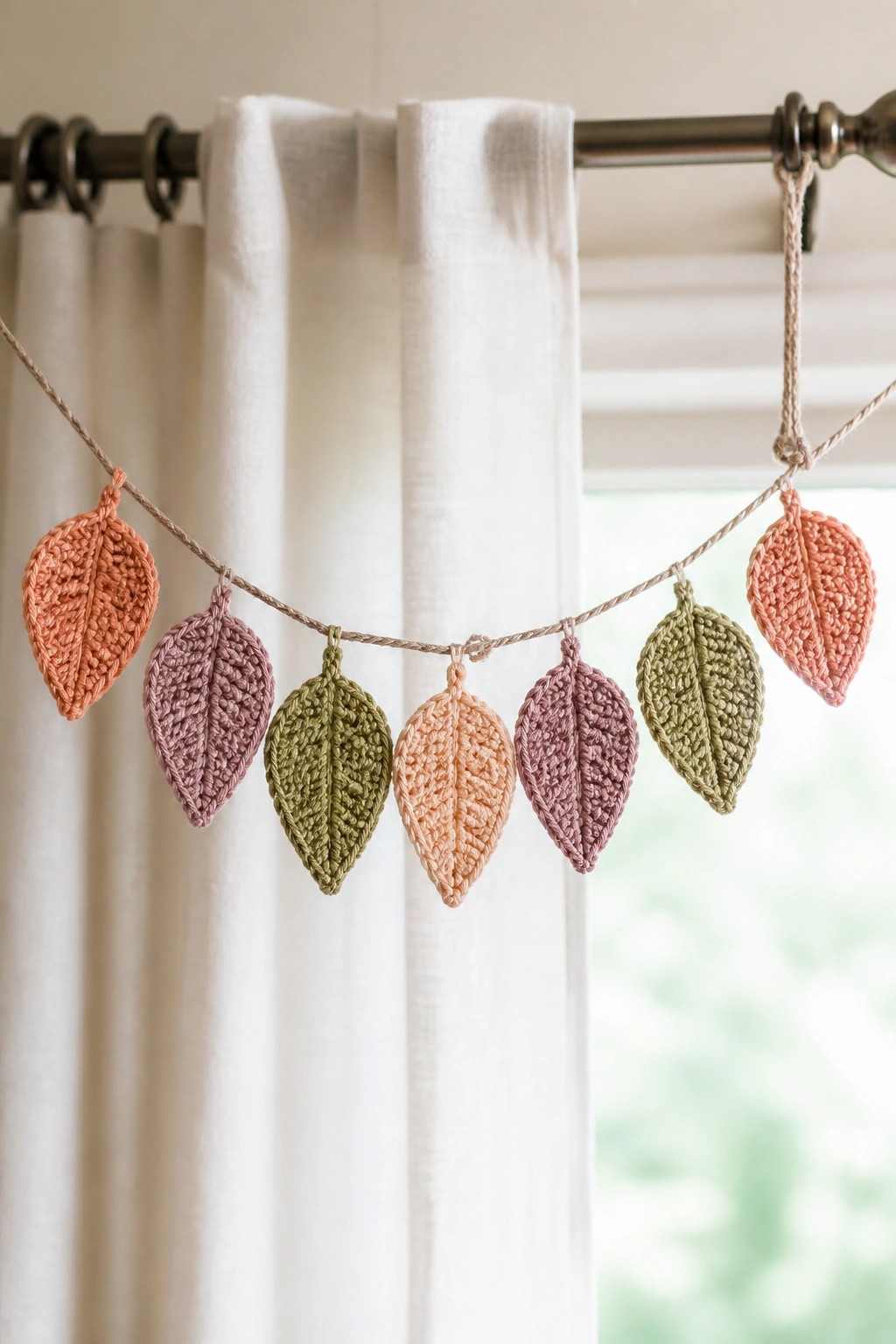 Crocheted autumn leaves in orange, pink, and green strung on twine before white curtains.