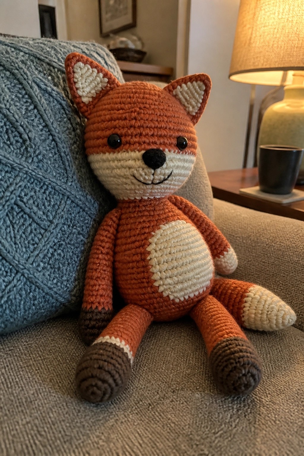 Crocheted orange fox toy on gray couch against blue knitted blanket near lit lamp