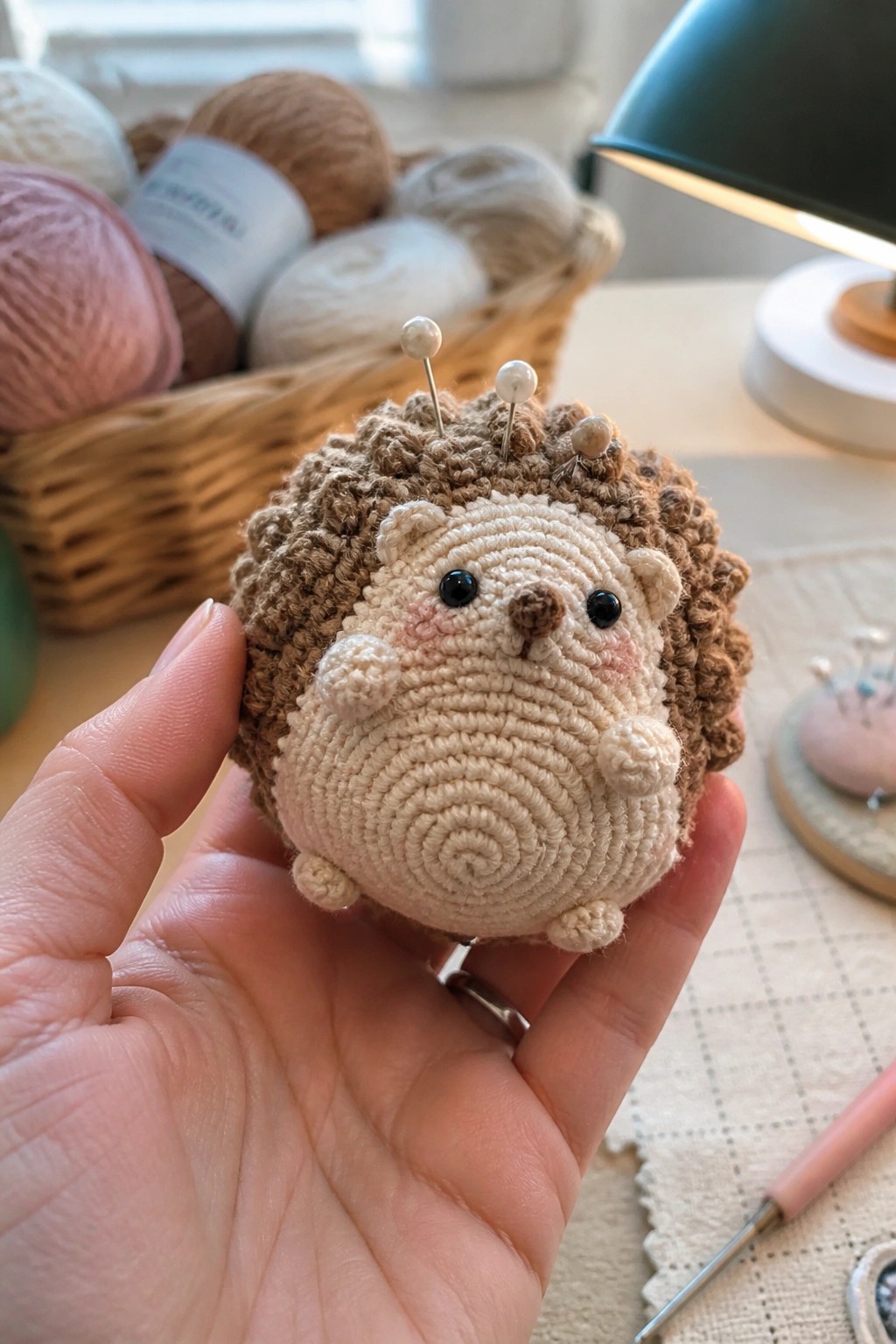 Hand holding crocheted hedgehog pincushion with pins in brown spikes.